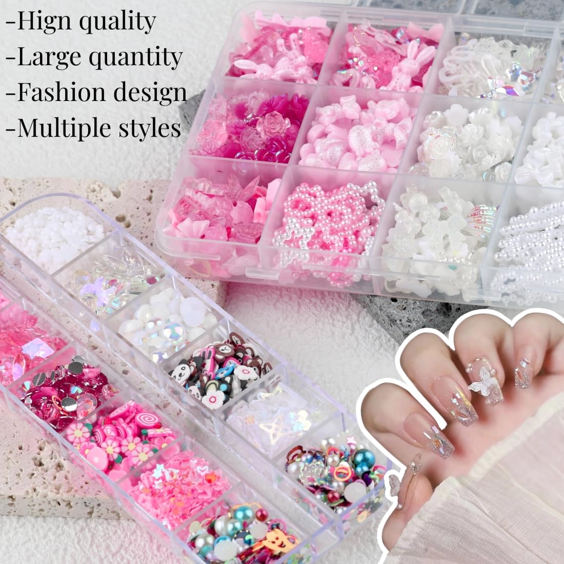 Umillars 460pcs 3D Resin Nail Art Charms with 950pcs Special Shape Nail Rhinestones Flatback Rhinestones Nail Art Slices Acrylic Hollow Beads Nail Art Sequins Mini Flowers for Nail Art Designs Craft