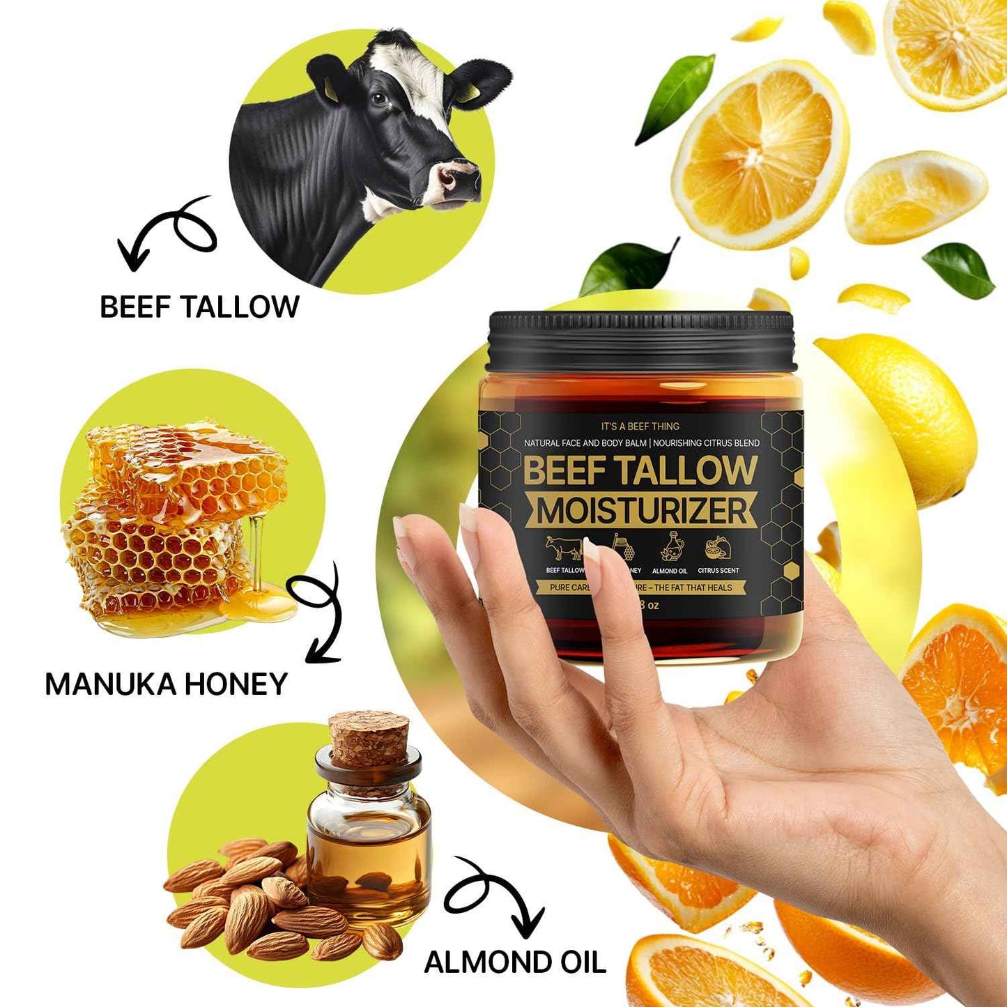 Beef Tallow for Skin – Face & Body Balm to Strengthen Skin Barrier, Hydrating & Soothing with Grass-Fed Beef Tallow, Manuka Honey, Almond Oil & Light Citrus Scent (3.38oz)
