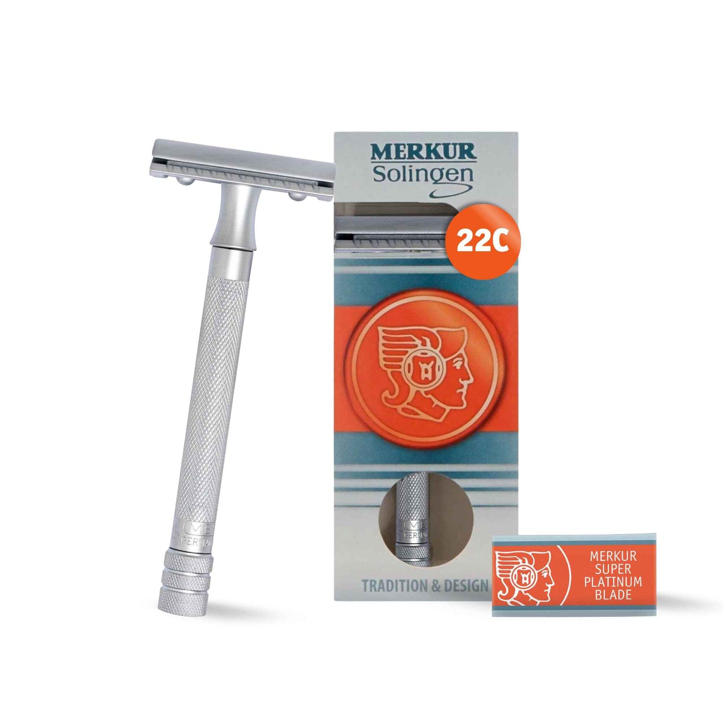 MERKUR 22C Double Edge Safety Razor - Matte Chrome | Long Knurled Brass Handle | Made in Germany | Plastic-Free | Three Piece Design | Closed Comb | Straight Bar