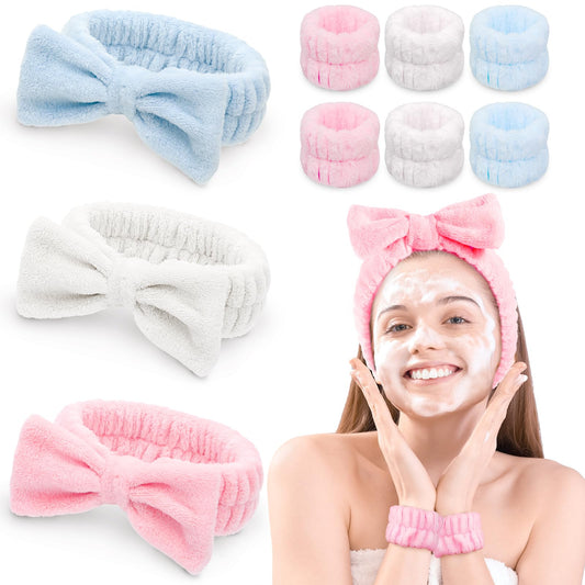 JOUXKOT 9 Pack Spa Headband Wristband Set, Bow Hair Band for Washing Face Facial Makeup Yoga Shower, Soft Coral Fleece Head Band Wraps for Women and Girls