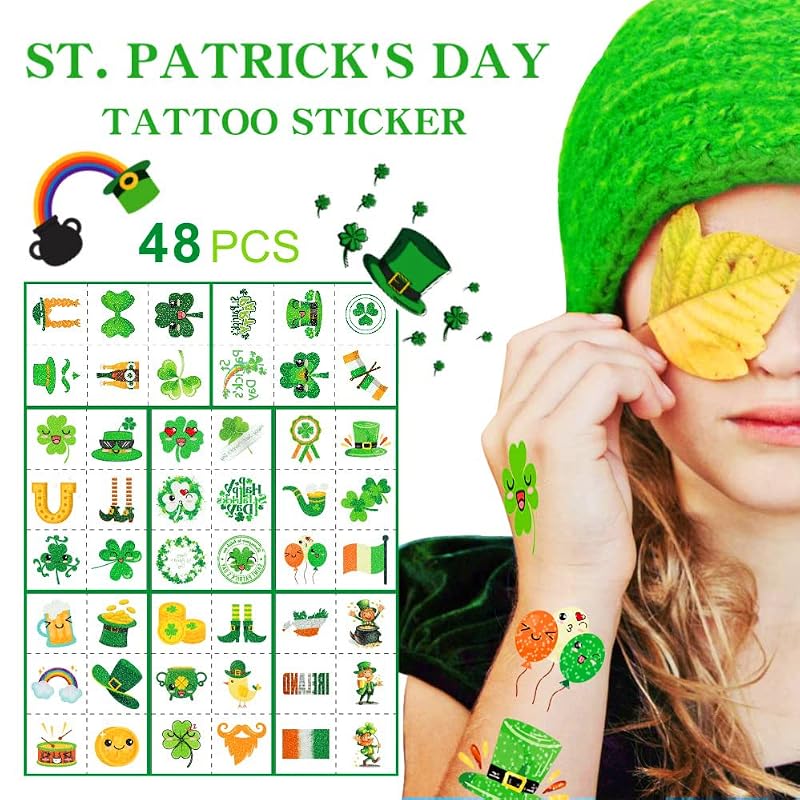 St Patrick's Day Glitter Temporary Tattoos, 48pcs