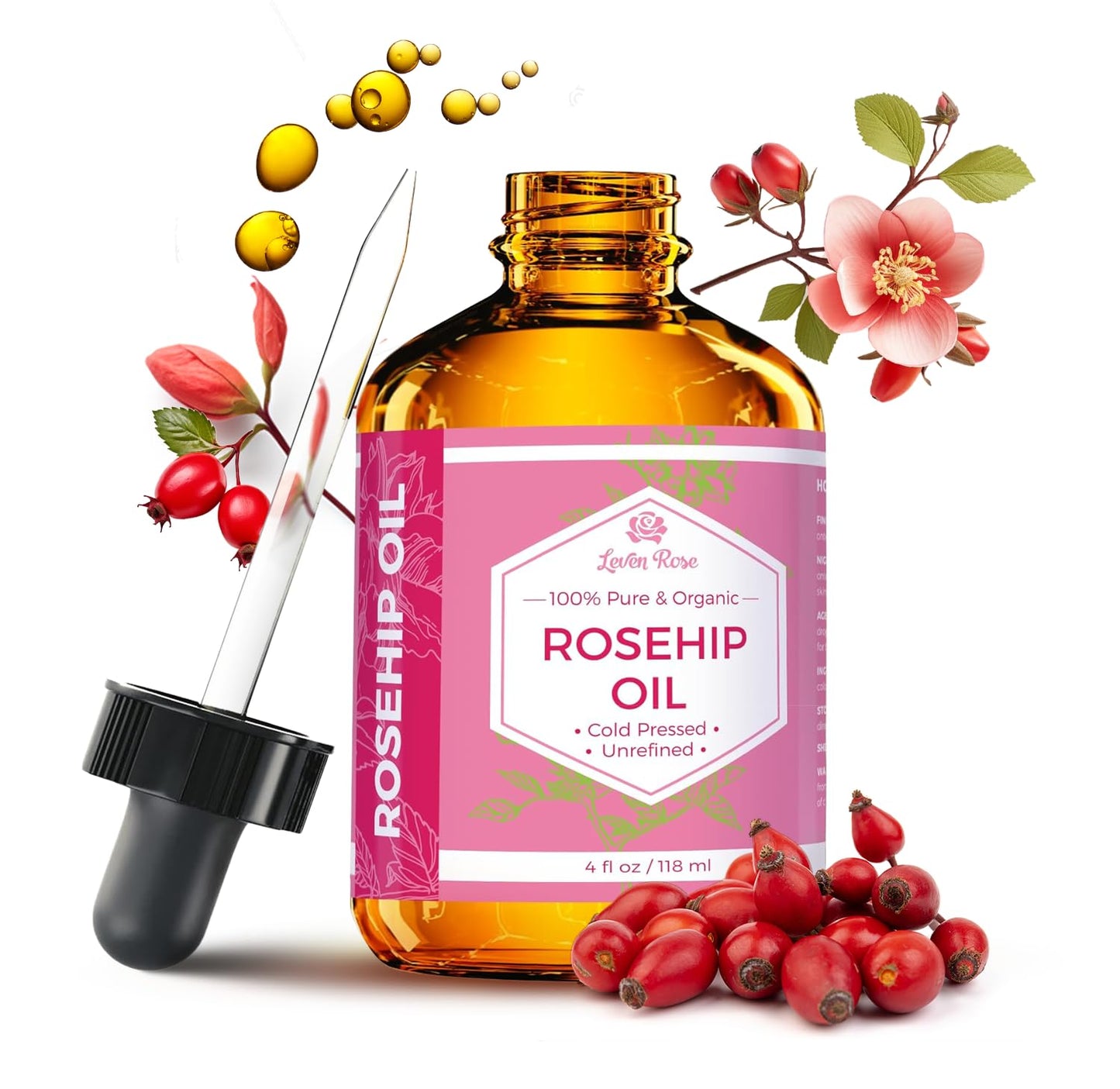 Leven Rose Rosehip Seed Oil for Face 4 oz - Pure Rosehip Oil for Face - Unrefined Cold Pressed Rosehip Oil for Body - Nighttime Face Moisturizer for Hair, Skin & Nails