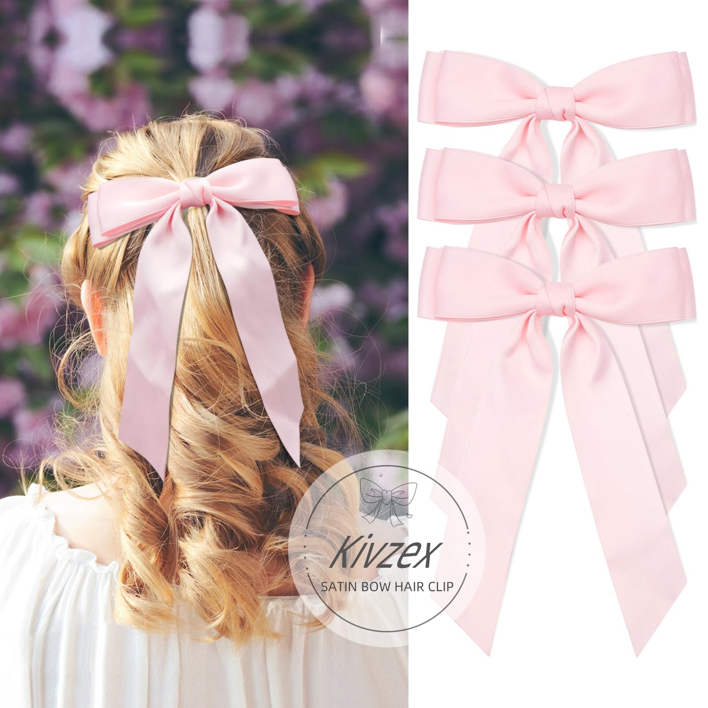 3Pcs Pink Hair Bows for Women Double-Layer Long Tail Bow Hair Clip Hair Ribbon Ponytail Holder Hair Accessories for Girls Toddlers