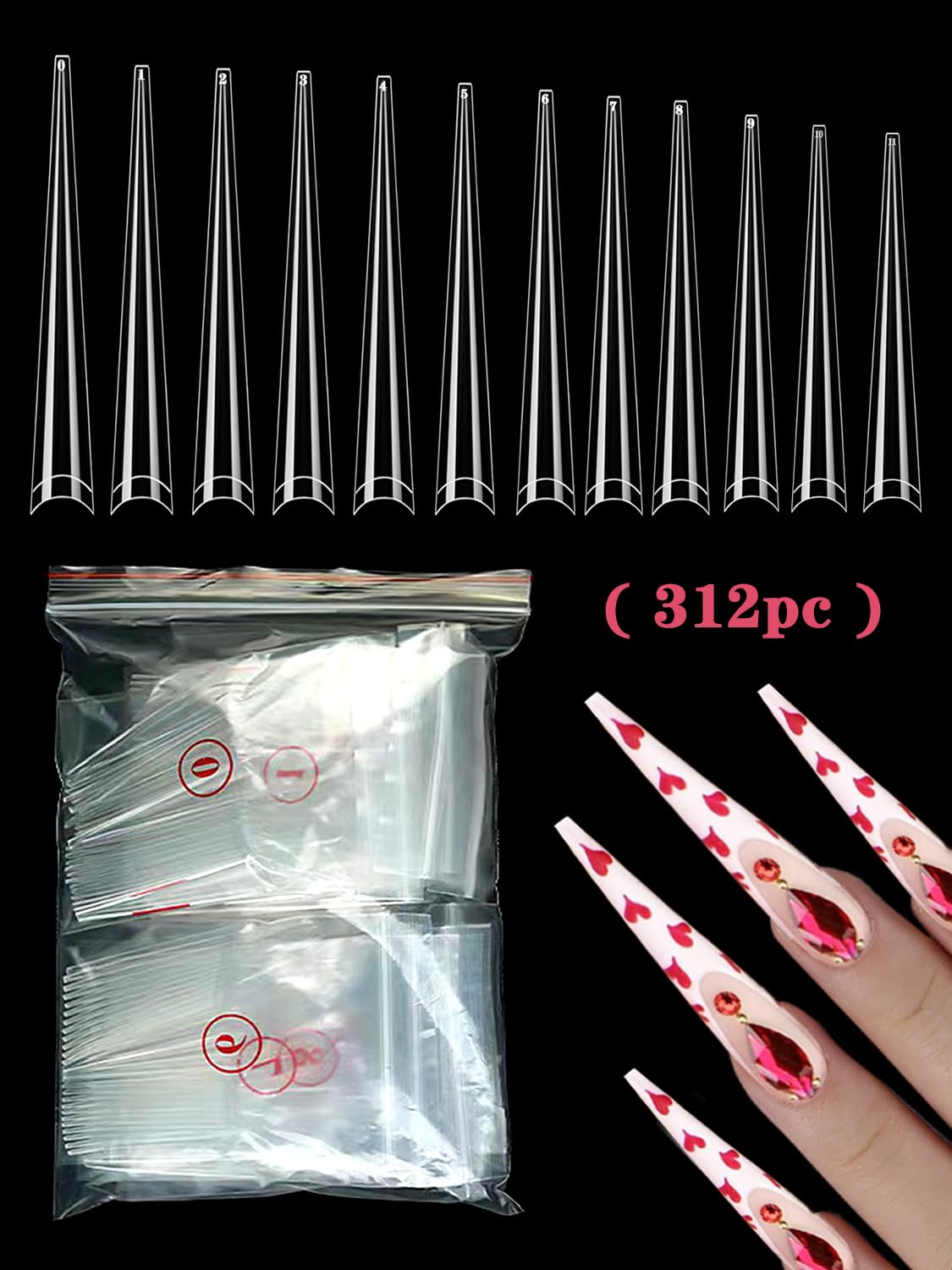 312PCS Extra Long Stiletto Nail Tips for Acrylic Nails Professional, 4XL Half Cover Stiletto Nail Tips, Clear French False Nail Extension, Super Long French Tapered Stiletto Nails Tip 12 Sizes