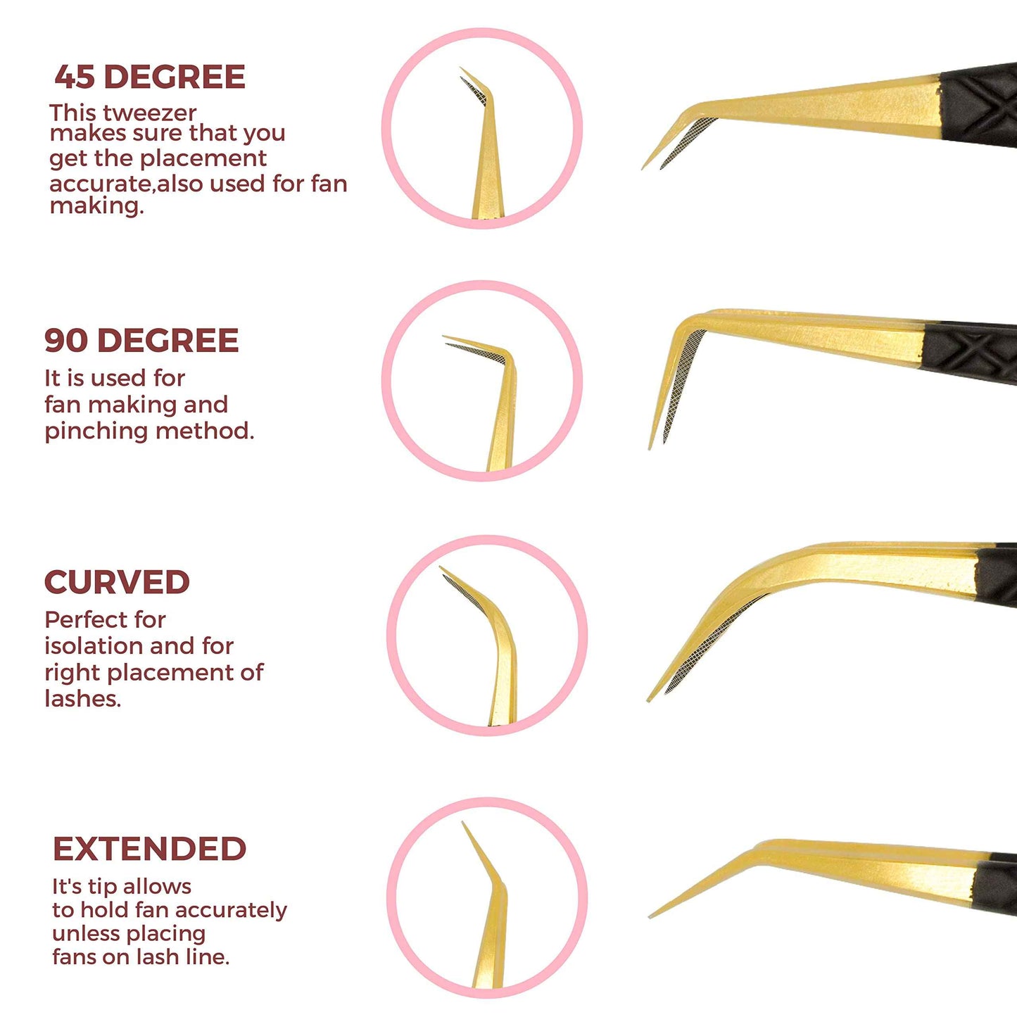 SIVOTE Fiber Tip Lash Tweezers for Eyelash Extensions with Diamond Grip, Black, Set of 4 - Precise Tips Japanese Steel for Classic, Volume & Mega Volume Lashes, Anti-Rust - Ideal for Lash Artists