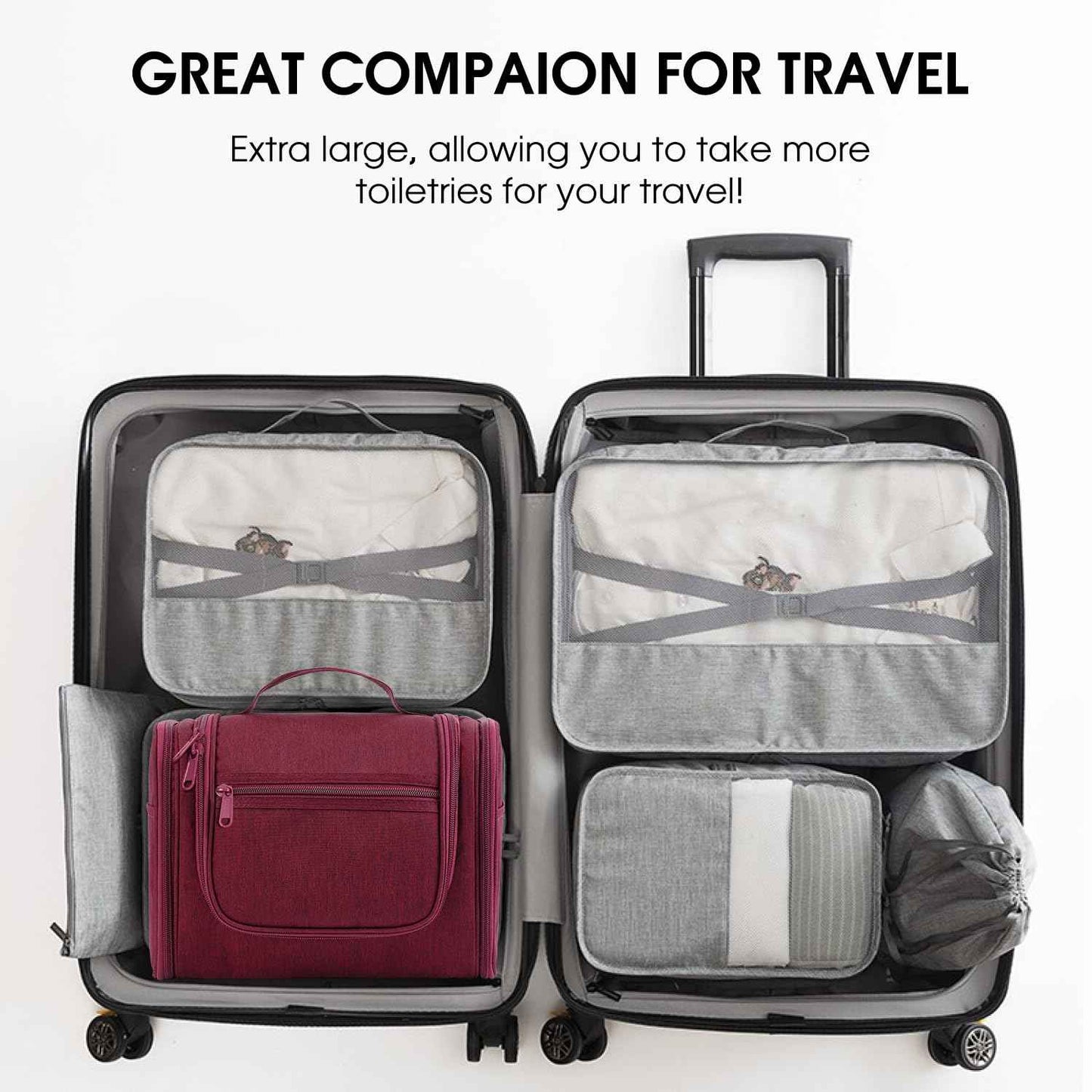 WANDF Large Hanging Toiletry Bag Travel Cosmetic Makeup Organizer Water-Resistant Shower Bathroom Bag for Women and Men (Red)