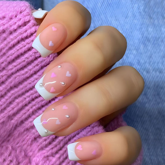 Valentine?™s Day Press on Nails Square Fake Nails White French Tip False Nails with Cute Hearts Pearl Stick on Nails Full Cover Glossy Reusable Glue on Nails for Women Girls Holiday Nail Decorations