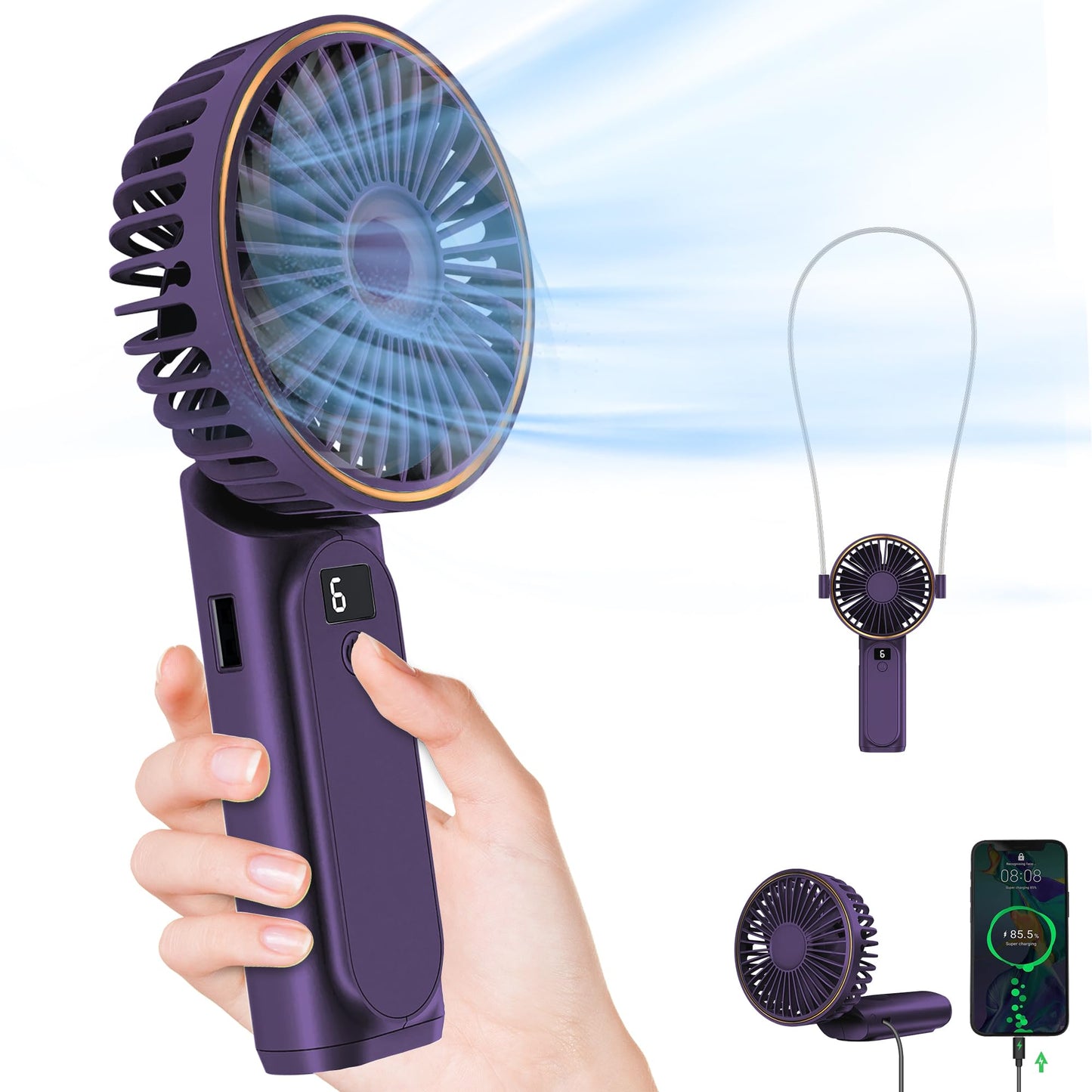 TUNISE Portable Handheld Fan, Portable Fan Rechargeable, 4000mAh, 180° Adjustable, 6 Speed Wind, Display Electricity in Real Time, USB Rechargeable Foldable Fan, Quiet Personal Fan with Power Bank