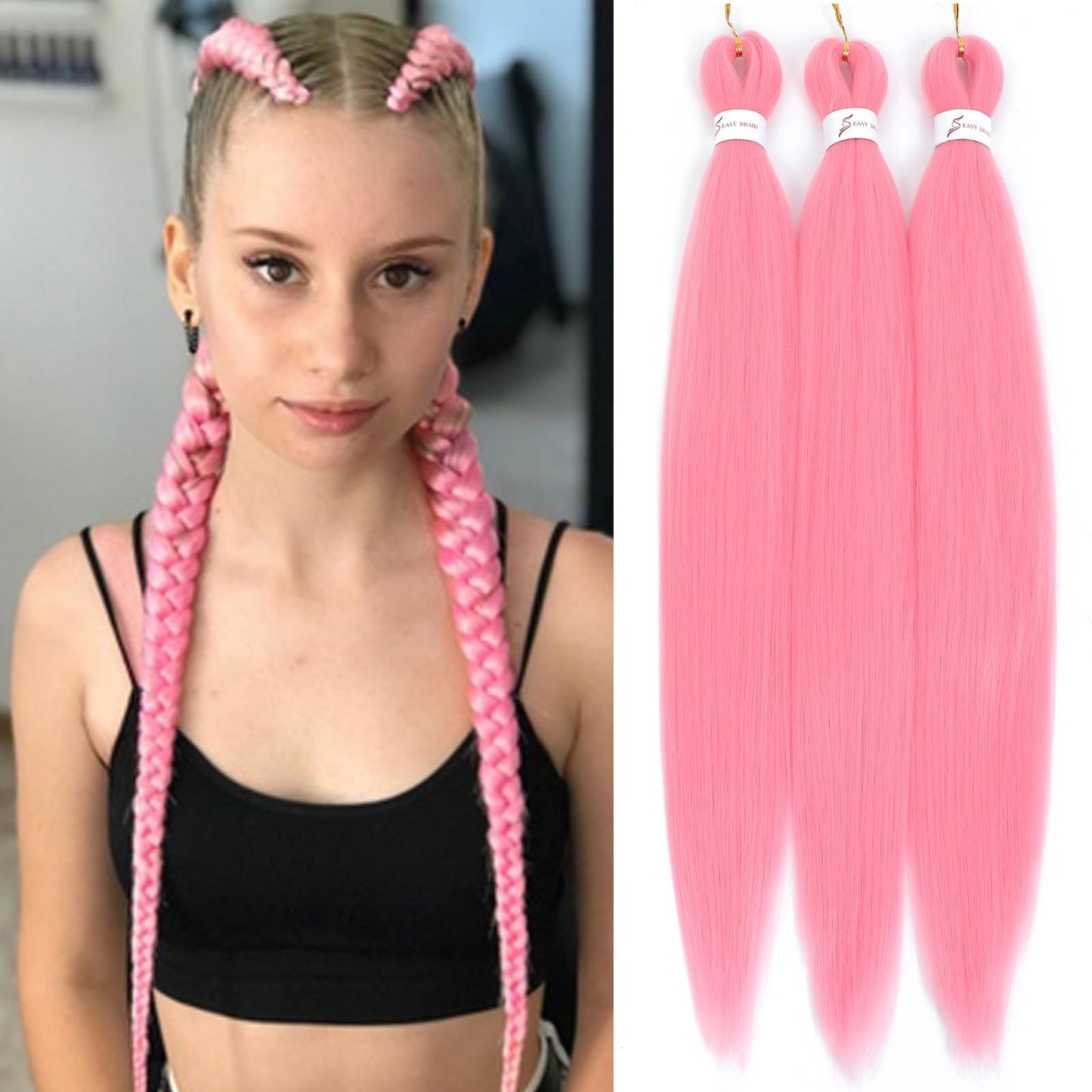 Royota Pink Braiding Hair Pre stretched 26 inch 3 Pieces Easy Braid Prestretched Colored Soft Yaki Pink Knotless Hair Extensions for Box Crochet Braids (Pink,26inch)