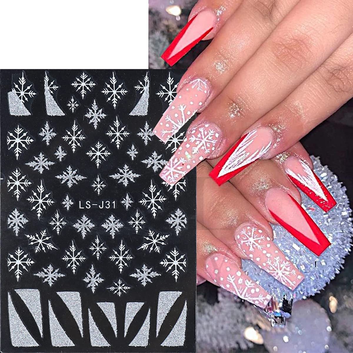 6 Sheets Snowflakes Nail Art Stickers Self-Adhesive Winter Nail Art Supplies Christmas Nail Stickers Glitter Snowflake French Stripe Design 3D White Gold Nail Decals for Women Xmas Nail Decor Charms