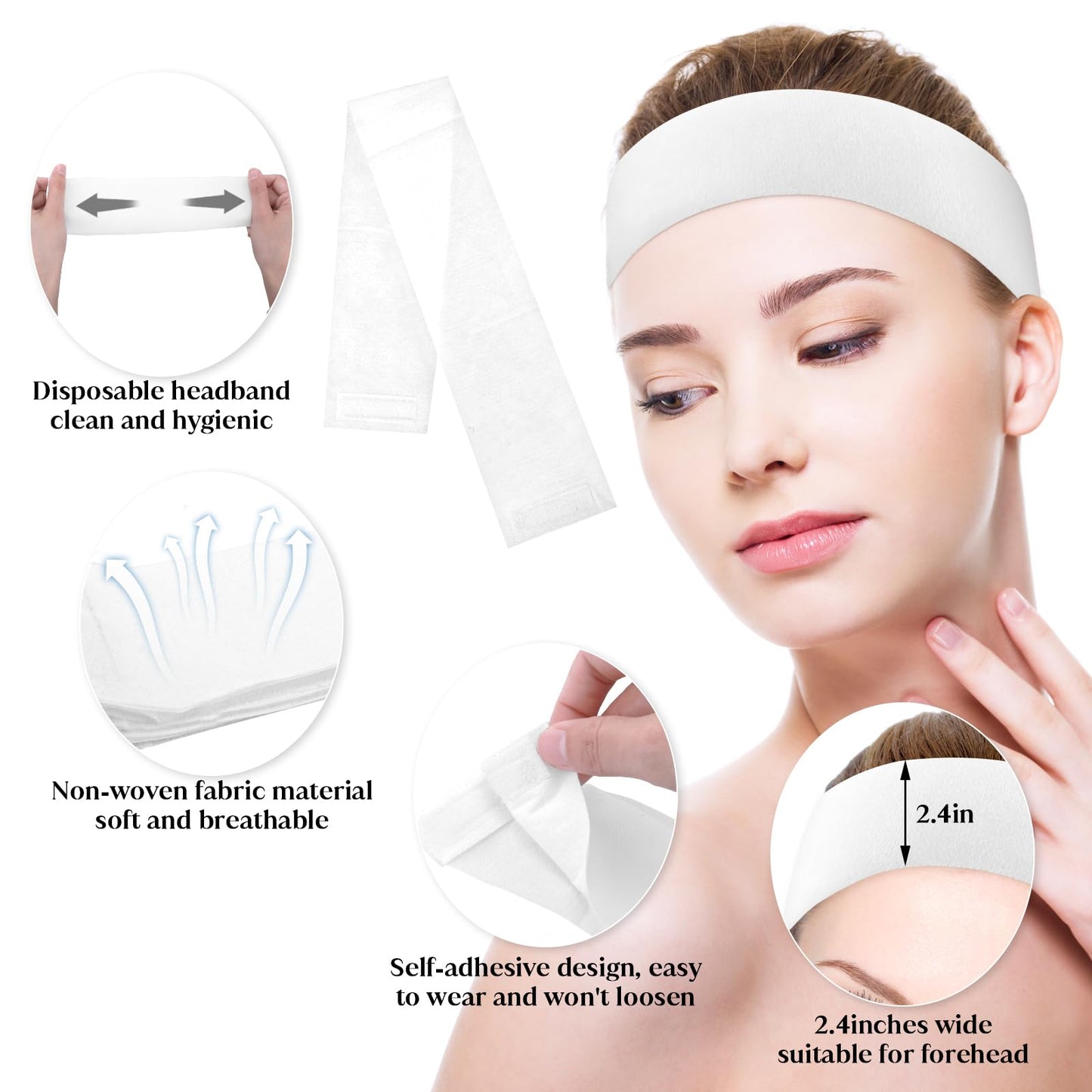 YUXIANLB 30 Pieces Disposable Spa Facial Headbands, Stretch Non-Woven Skincare Headband, Soft Skincare Hair Band with Adjustable Magic Tape for Women Girls Salons Esthetician Supplies (White)