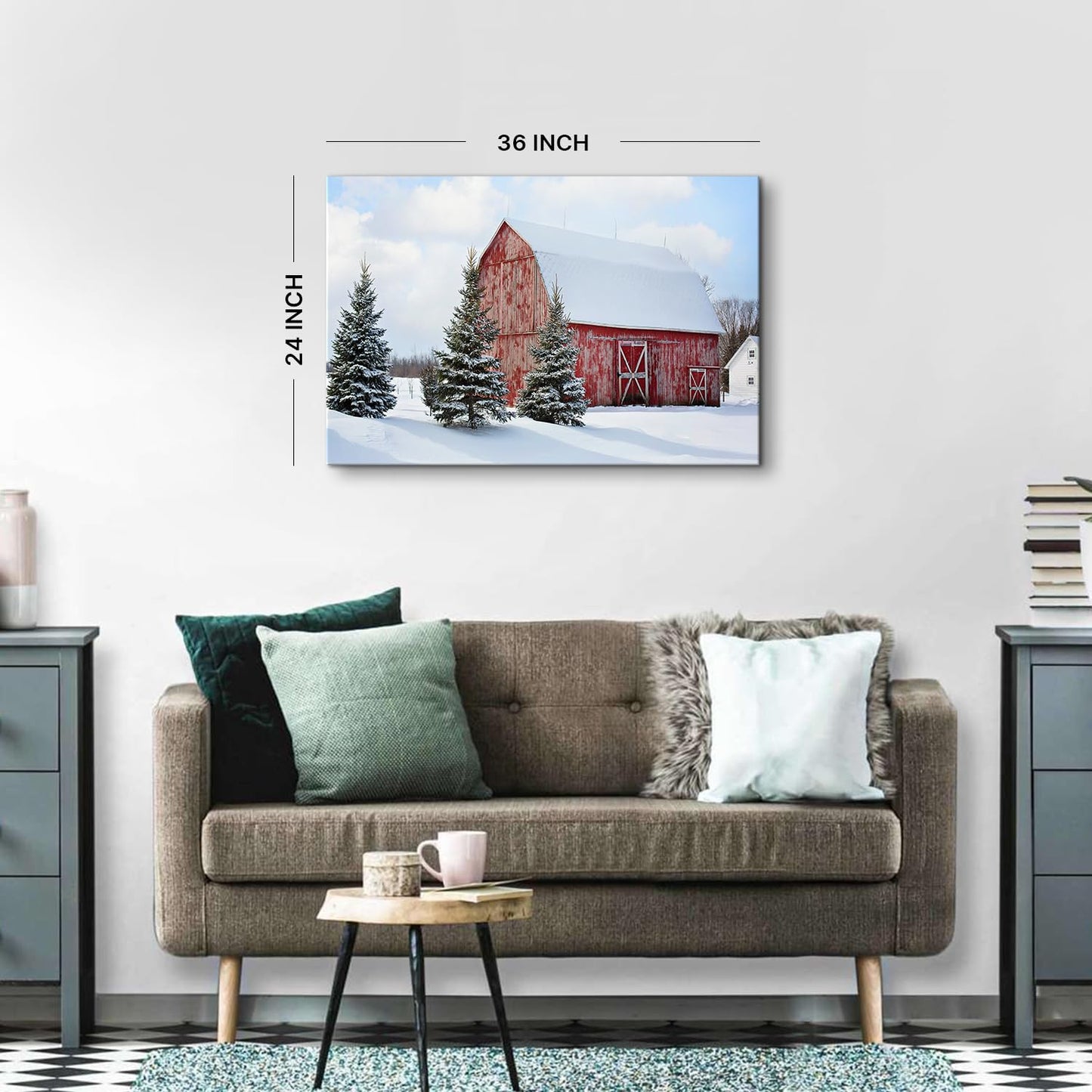 Christmas Canvas Wall Art Rustic Farmhouse Red Old Barn Landscape Pictures Wall Decor 24 x 36 Snowy Wilderness Christmas Tree Posters Framed Artwork for Home Living Room Bedroom Aesthetic Decoration