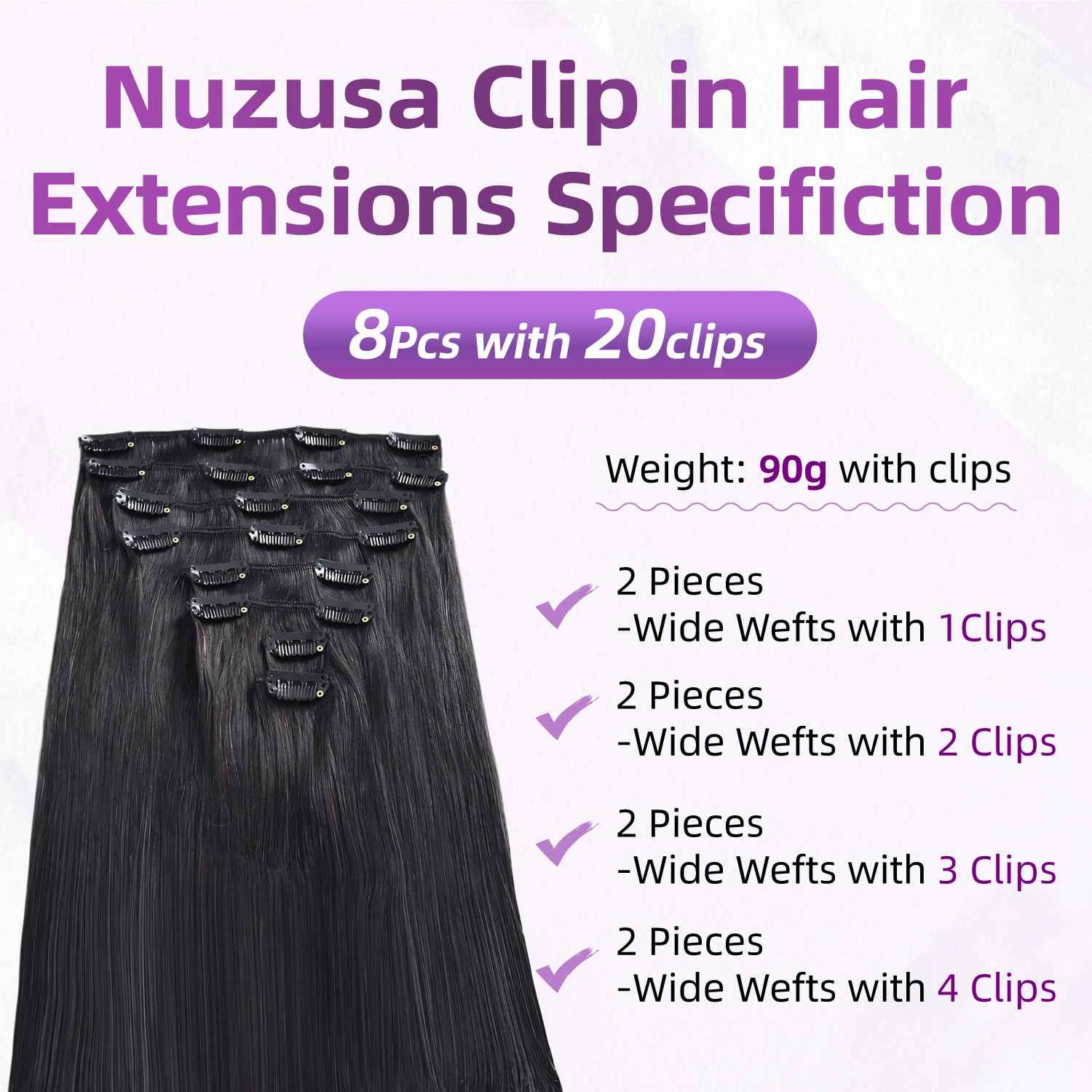 Nuzusa Clip in Hair Extensions Real Human Hair,100% Seamless Remy Human Hair Straight,Clip Extensions for Women, 8pcs Per Set with Double Weft,1B Natural Black,16inch 90g/3.2oz