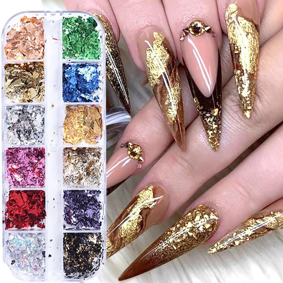 12 Grids Flaky Nail Art Glitter Sequins 3D Holographic Acrylic Nail Art Flakes Irregular Mermaid Nail Glitters Colorful Fluorescent Glass Paper Nail Sequins Women Party DIY Nail Beauty Accessories