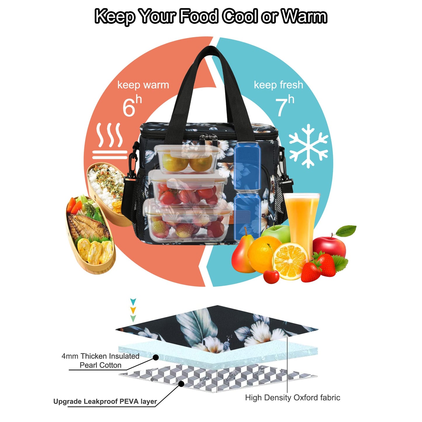 Femuar Lunch Bags for Women/Men, Insulated Lunch Bag for Work Office Picnic - Lunch Cooler Bag Leakproof Lunch Box with Adjustable Shoulder Strap - Hibiscus