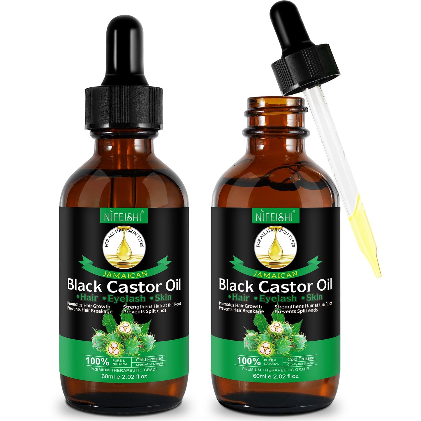 NIFEISHI Jamaican Black Castor Oil, 2PCS Organic Castor Oil for Hair Growth, 100% Cold Pressed Unrefined Castor Oil for Body Face, Skin Care, Body Massage Oil 60ml