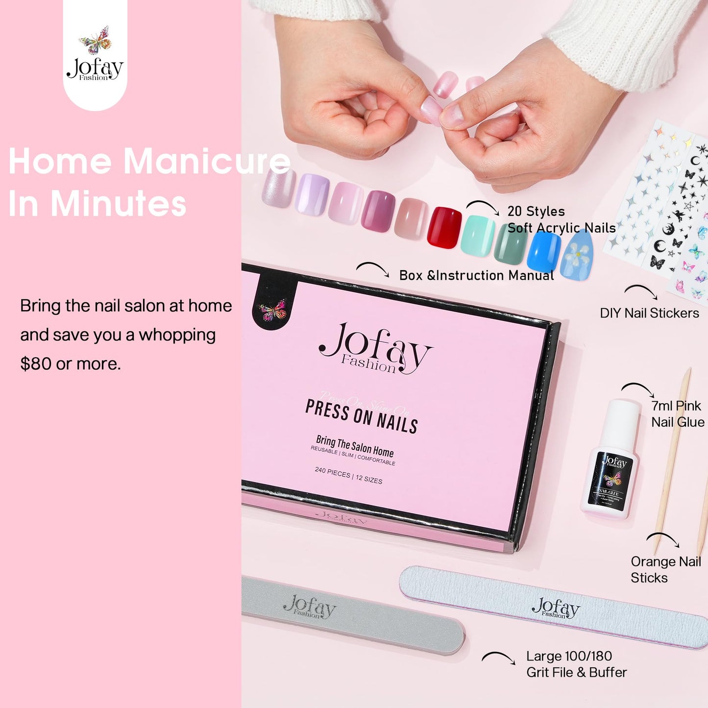 Jofay Fashion 240pcs Ombre Gel x Nails Tips Kit Short Press On Nails Square Short Solid Color Acrylic Fake Nails, Glue on Nails with Nail Glue, Star Stickers & Nail File Buffer for Nail Art DIY