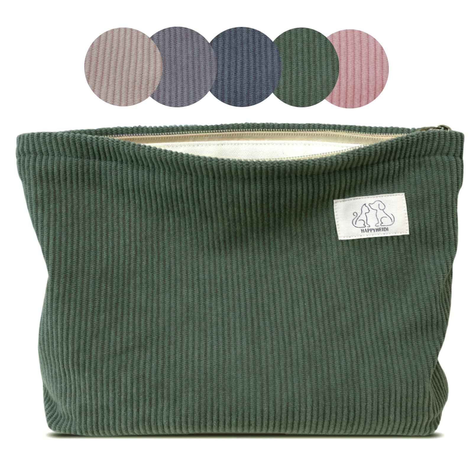 HAPPYHEIDI Navy Green Corduroy Makeup Bag Cosmetic Toiletry Travel Pouch, Make Up Accessory Purse Organizer, Canvas Lined