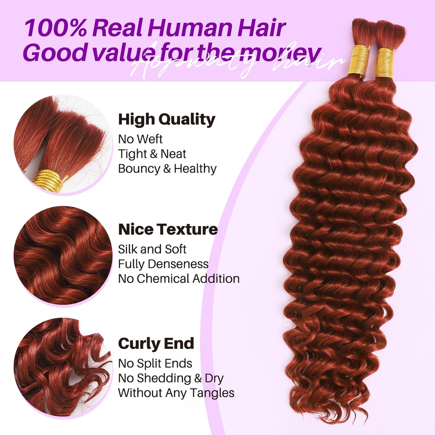 Human Braiding Hair for Boho Braids, Deep Wave Bulk Boho Braids Human Hair for Boho Knotless Braids Curly Bohemian Water Wave Braiding 70g 16 Inch Copper (2 No Weft Bundles/Pack)