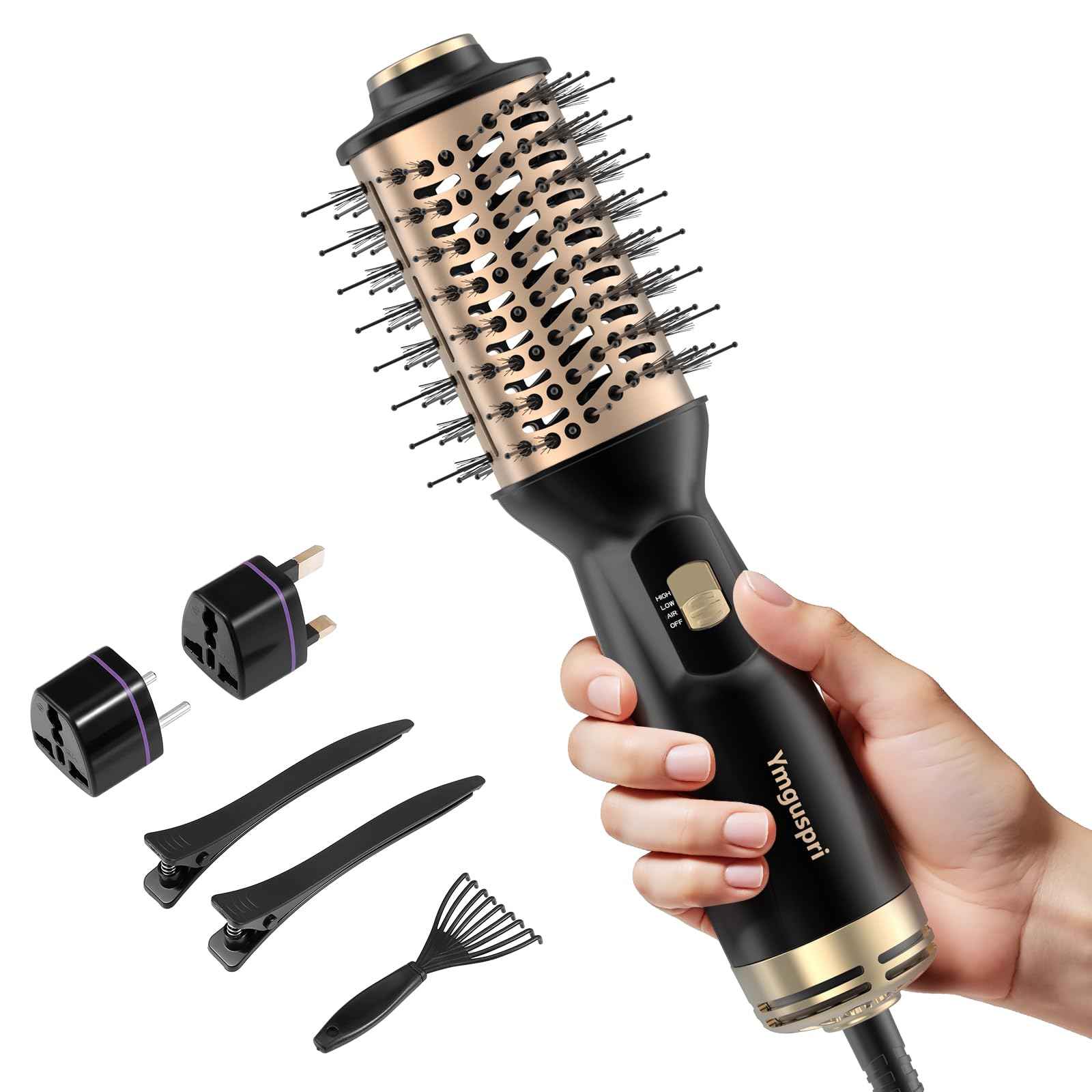 Ymguspri Travel Dual Voltage Hair Dryer Brush, Mini Auto Blow Dryer Brush in one, 2 Inch One Step Hot Air Hair Dryer and Styler for Home & Salon with EU&UK Plug (Gold)
