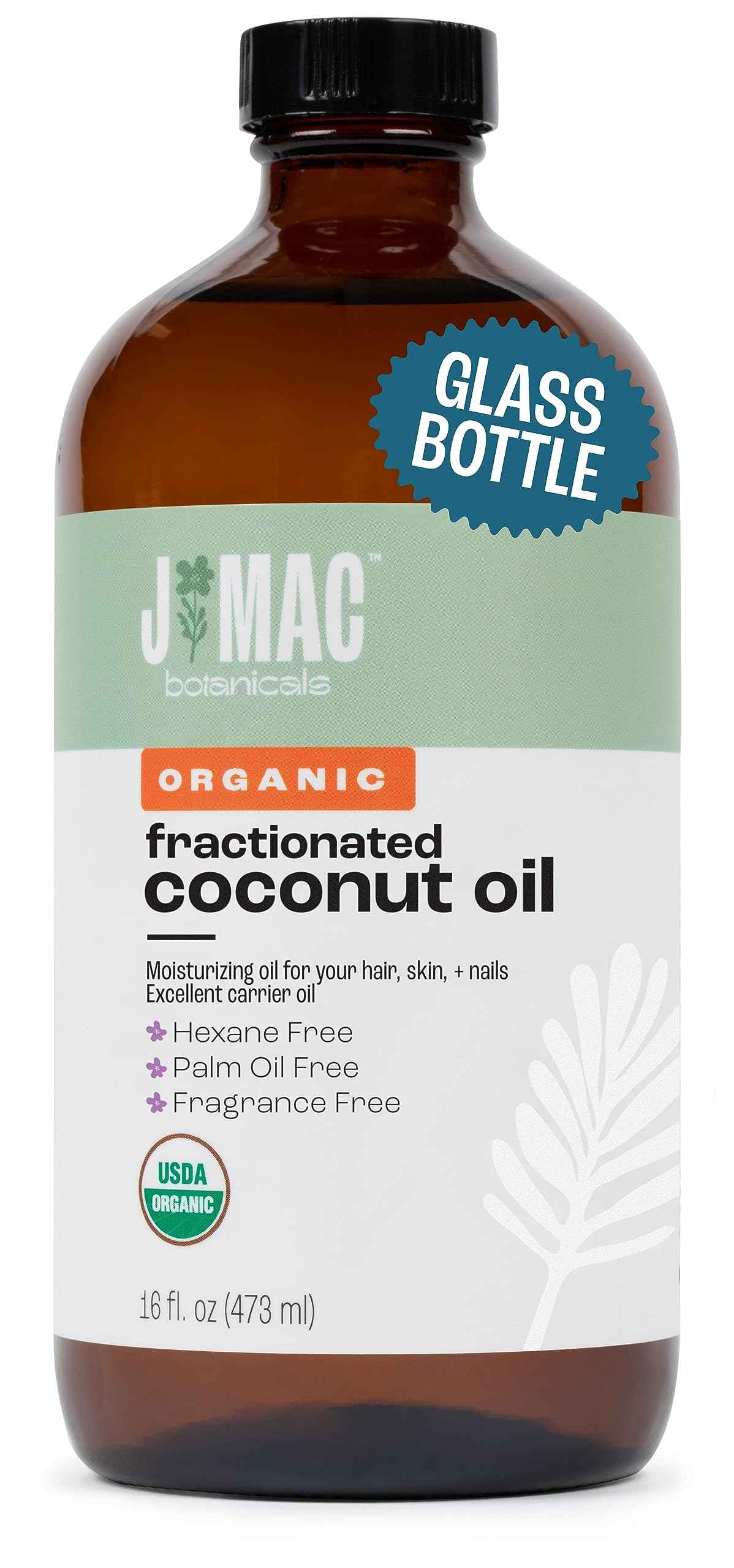 J MAC BOTANICALS Organic Fractionated Coconut Oil (16 Ounce Glass Bottle) Organic Carrier Oil and for DIluting Essential Oils, Moisturizer, Hair Care