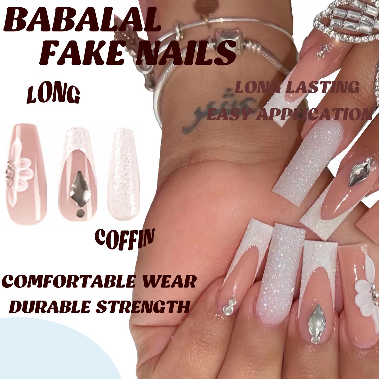 BABALAL Coffin Press on Nails Long Fake Nails White French Tip Glue on Nails Flower Rhinestones Acrylic Nails 24Pcs Shiny False Nails for Women and Girls