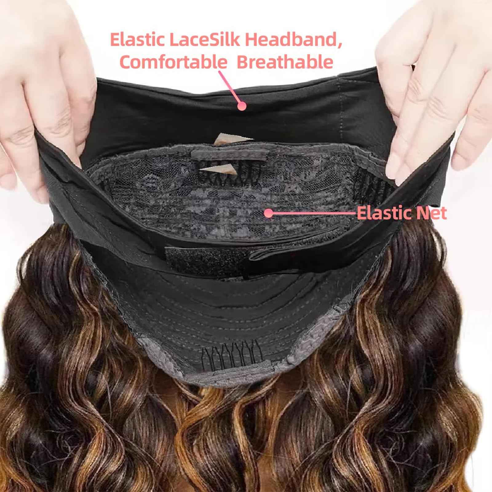 Highlight Ombre Headband Wig Human Hair 4/27 Highlight Body Wave Wigs Human Hair for Black Women Wear and Go Glueless None Lace Front Wigs Brazilian Virgin Headband Wig Human Hair 12 Inch
