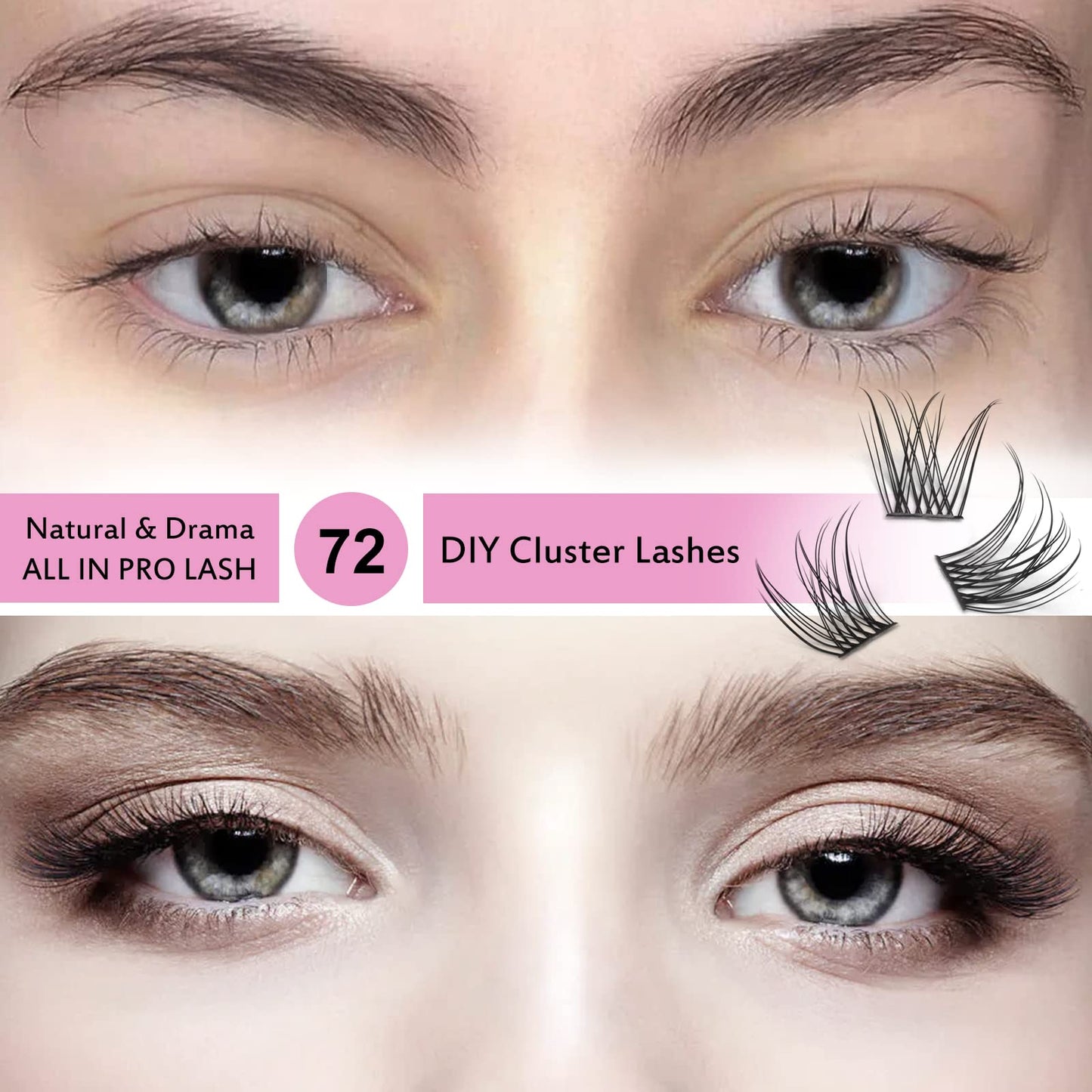 Cluster Lashes, 72 Pcs Individual Lashes, Lash Clusters DIY Eyelash Extension, Natural Lashes Super Thin Band Reusable Soft & Comfortable (Natural, D-14mm)