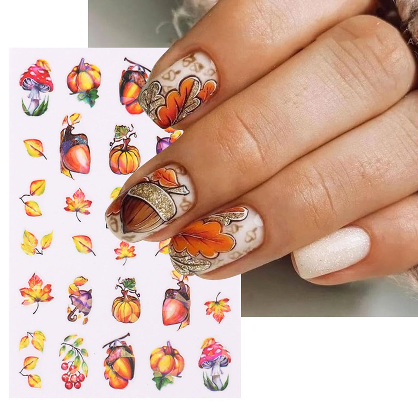 Fall Nail Stickers 3D Autumn Nail Decals Maple Leaves Nail Art Supplies Pine Cone Pumpkin Mushroom Nail Design Self-Adhesive Nail Art Stickers Thanksgiving Nail Accessories for Women Nail Decorations