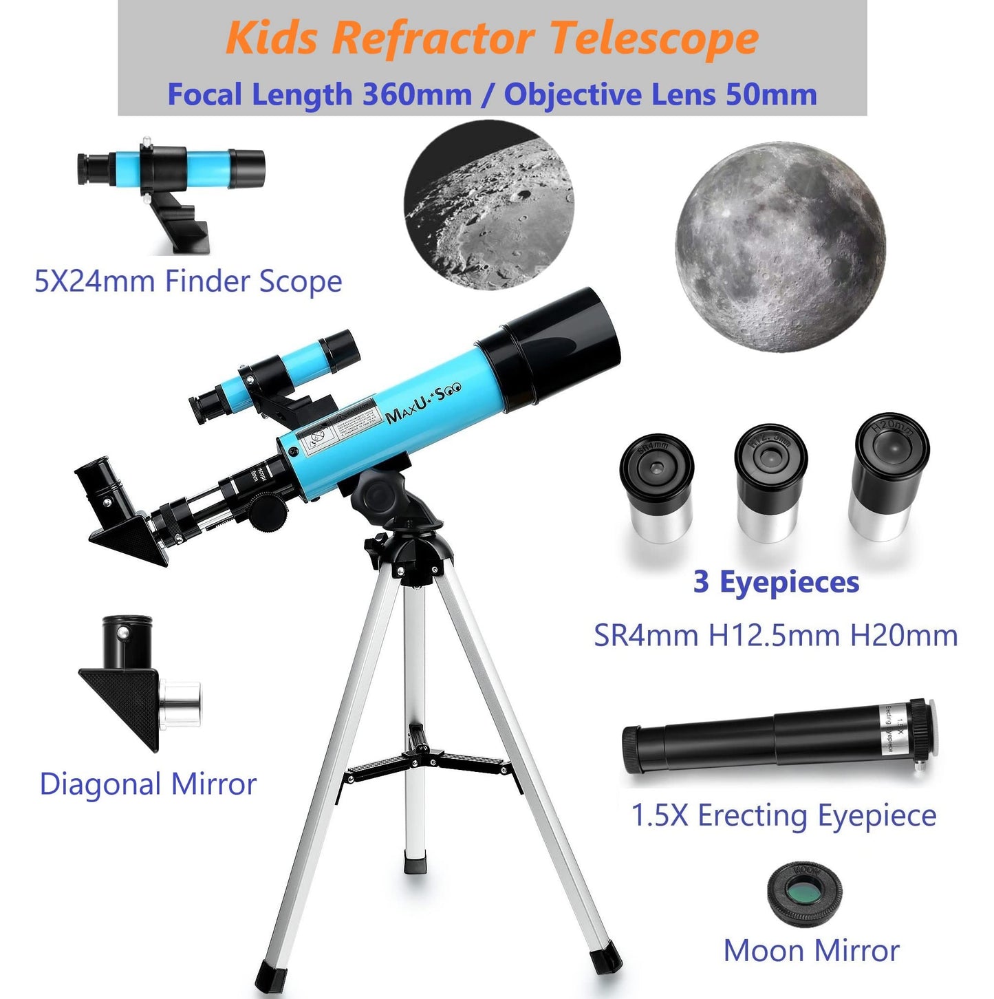 MaxUSee Lunar Telescope for Kids and Astronomy Beginners, Refractor Telescope with Finder Scope and 3 Eyepieces, Travel Telescope with Compact HD Binoculars for Moon Viewing Bird Watching Sightseeing