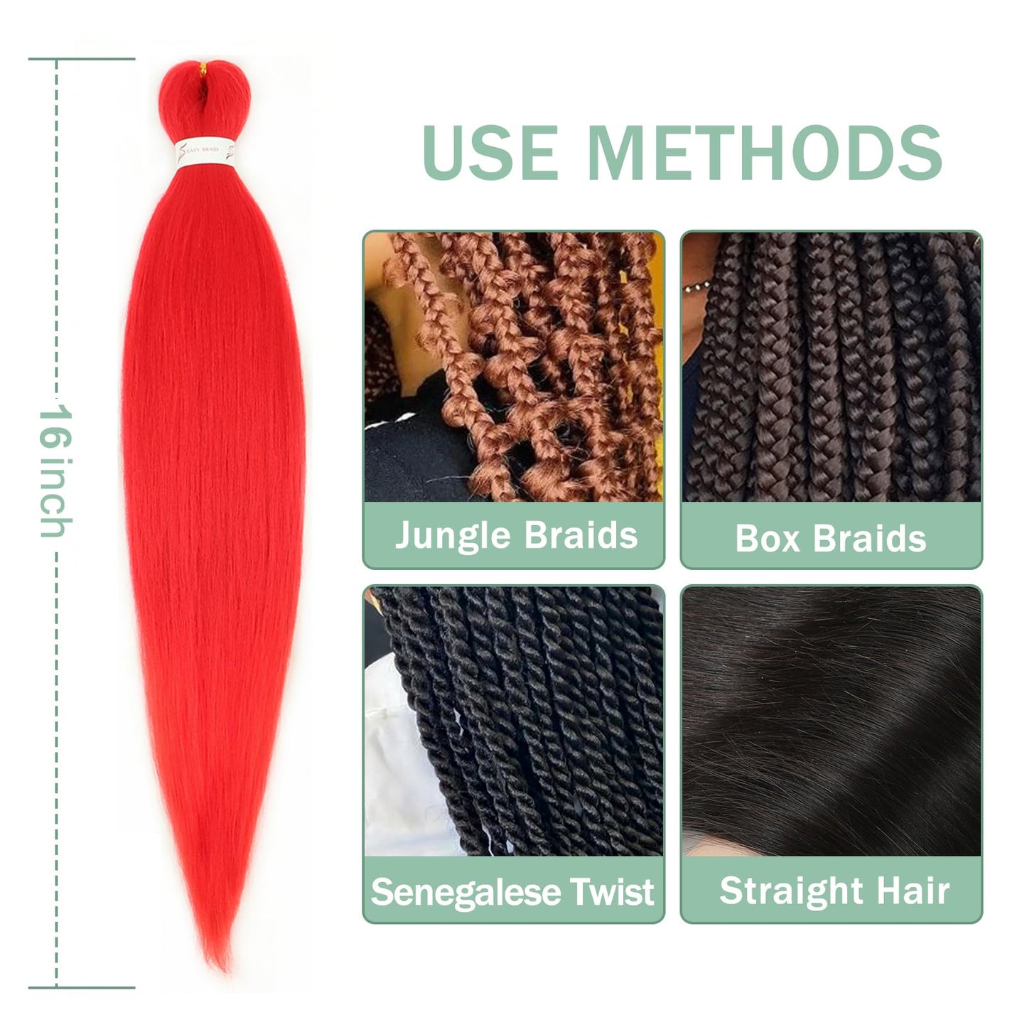 Red Braiding Hair Pre stretched 16 Inch 3 Packs Kanekalon Pre-stretched Braiding Hair EZ Braid Hot Water Setting Soft Yaki Texture Synthetic Hair Extensions for Crochet Box Braids