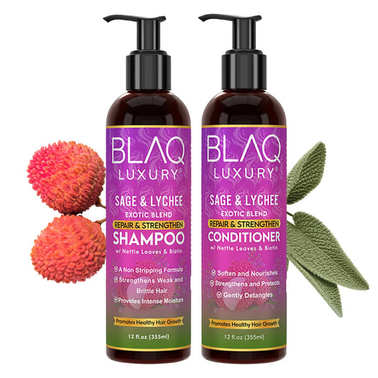 Blaq Luxury - Repair and Strengthen Biotin Shampoo & Conditioner for Women with Sage, Lychee, & Nettle | Repairs Damaged and Thinning Hair | Reduces Breakage | Visibly Stronger Hair | 12oz