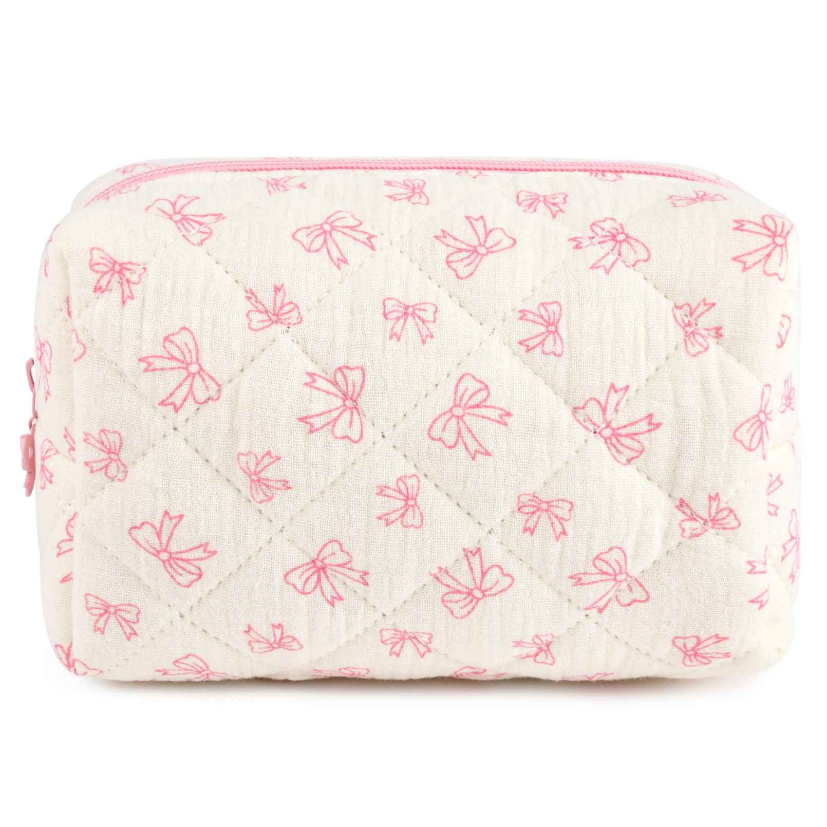 SOIDRAM Floral Makeup Bag Small Quilted Cosmetic Bag Cute Makeup Pouch Coquette Makeup Bag Aesthetic Travel toiletry bag Organizer Cotton Makeup Brushes Storage Bag for Women (Coquette Bow -S)