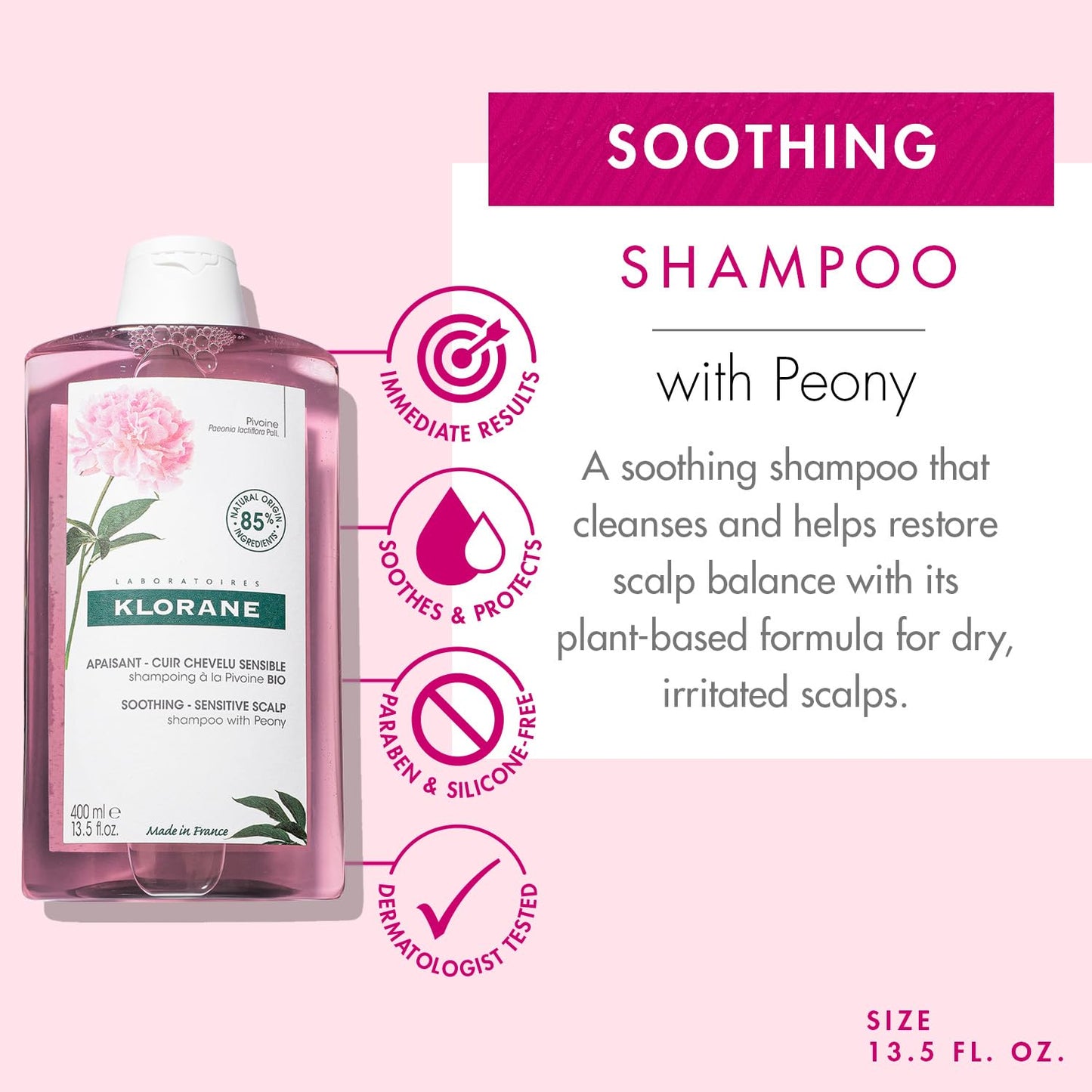 Klorane Shampoo with Peony, Soothing Relief for Dry Itchy Flaky Sensitive Scalp, pH Balanced, Provides Scalp Comfort, 13.5 fl. oz., Pink