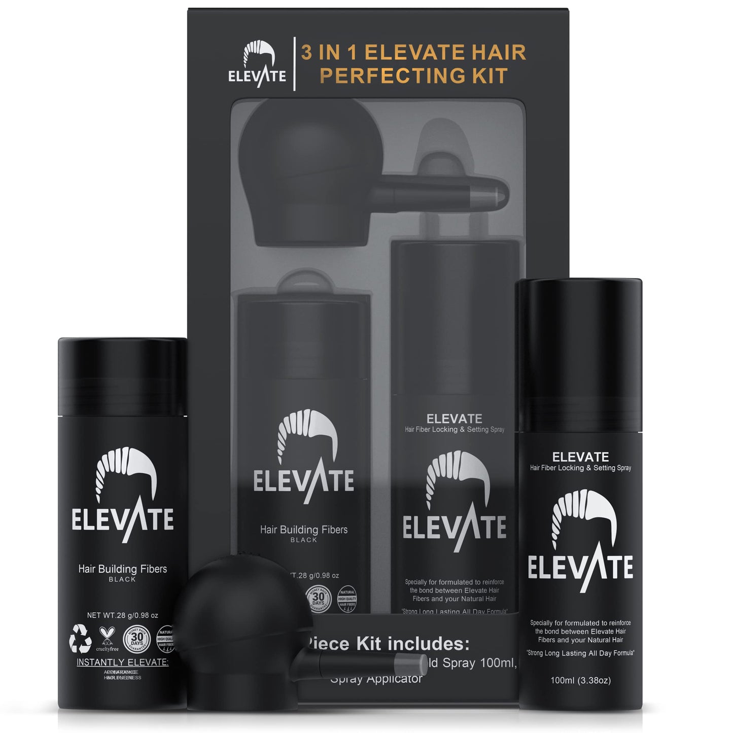 ELEVATE Hair Perfecting 3-in-1 Kit Set Includes Natural Hair Thickening Fibers & Spray Applicator Pump Nozzle & Locking Setting Hold Hair Spray | Instantly Conceal Balding Hair Thinning Areas (Black)