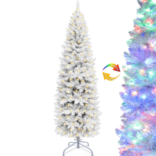 TURNMEON 6.5 Ft Prelit Christmas Tree 8 Modes 250 Warm White and Multicolor Change Lights Timer 826 Branch Hinged Slim Pencil Xmas Tree Christmas Decorations Indoor Outdoor Decor Home Holiday