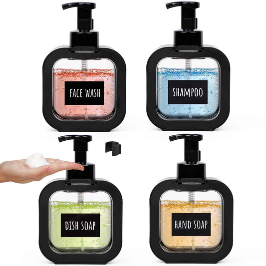 Segbeauty 16.9oz Foam Pump Bottle Set, 4 Packs 500ml Refillable Plastic Foaming Soap Dispenser, Empty Foaming Plastic Soap Dispenser Square Hand Soap Bottles with Foaming Pump for Modern Kitchen Sink