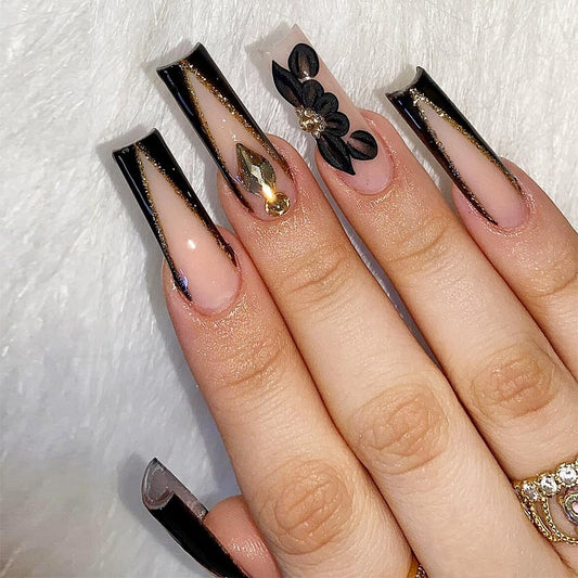 Press on Nails Extra Long Coffin Pink Fake Nails with Black Butterfly 3D Rhinestones and Gold Glitter Designs Glue on Nails Acrylic Nail Tips Luxury Decorations for Women and Girls 24 Pcs