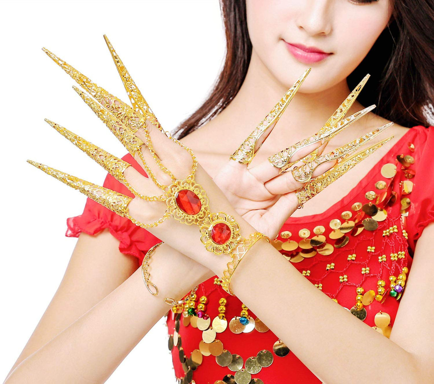 Suoirblss 2PCS Fashion Women Belly Dance Gypsy Egyptian Bracelet with Finger Nails Indian Gold Bracelet with Finger Nails for Costumes (Length: 11.8 inches)