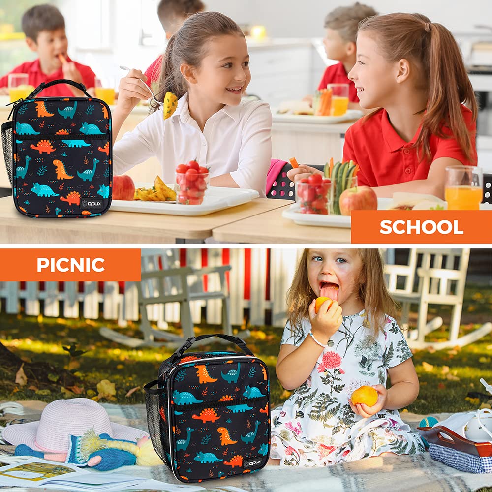 OPUX Premium Insulated Lunch Box, Soft School Lunch Bag for Kids Boys Girls, Leakproof Small Lunch Pail Men Women Work, Reusable Compact Cooler Tote Lunchbox for Office, Dinosaur