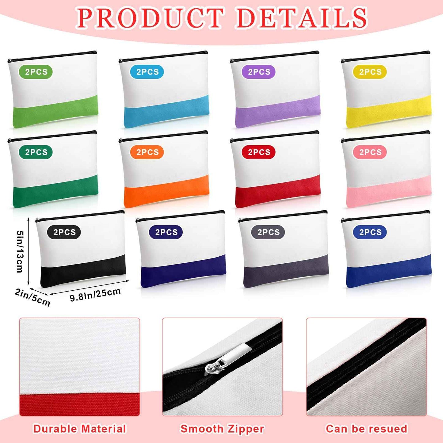 Sweetude 24 Pcs Canvas Cosmetic Bags Bulk 9.84 x 5.12 x 1.97 Inches DIY Blank Makeup Organizer Bag with Zipper Multi Purpose Canvas Pencil Pouch Toiletry Pouch for Women Travel