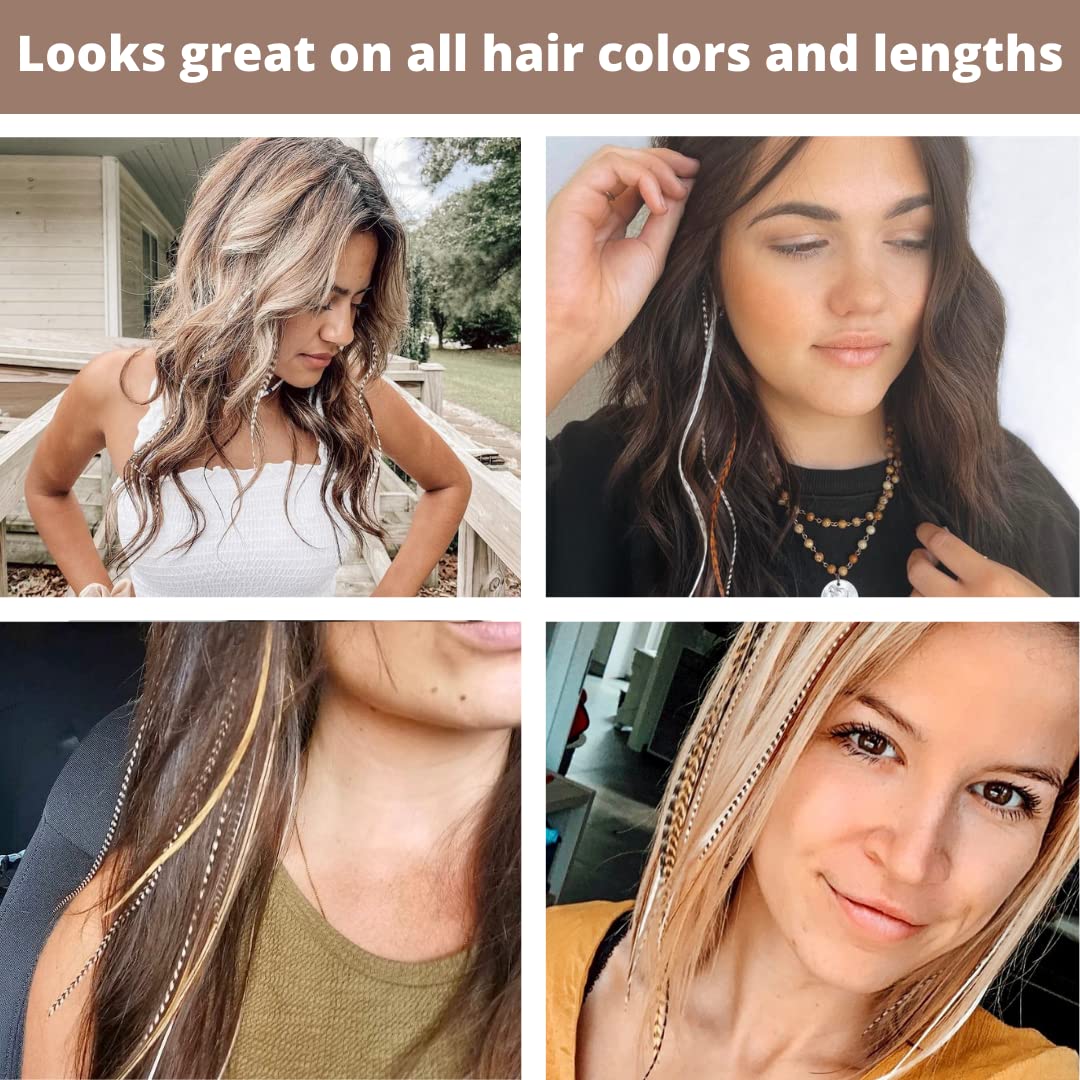 Feather Hair Extensions, 100% Real Rooster Feathers and bead loop kit, 20 Long Thin Tie Dye Ginger Brown and Black and White grizzly striped Ombre Bayalage natural look