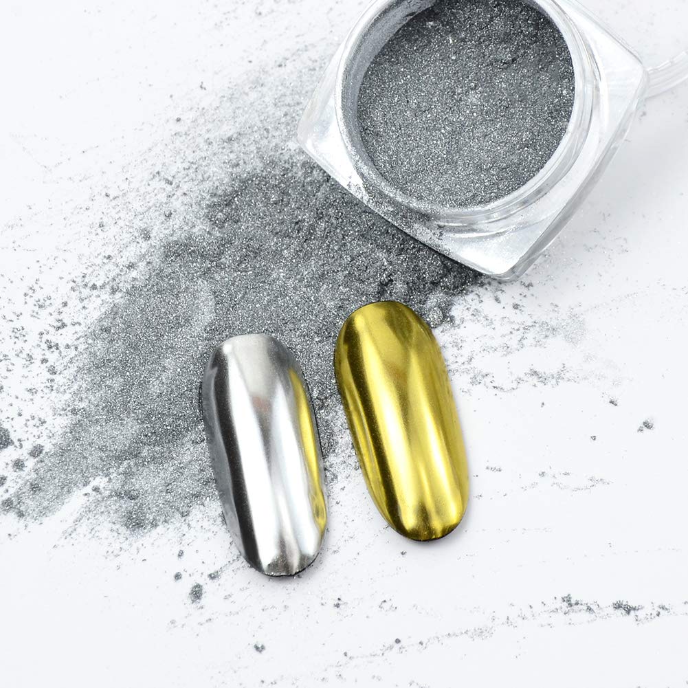 Metallic Chrome Powder, 2 Jars Nail Art Mirror Glitter Effect Chrome Pigment Powder Dust Gold Silver Chrome Nail Powder Manicure Tips with Sponge Applicators