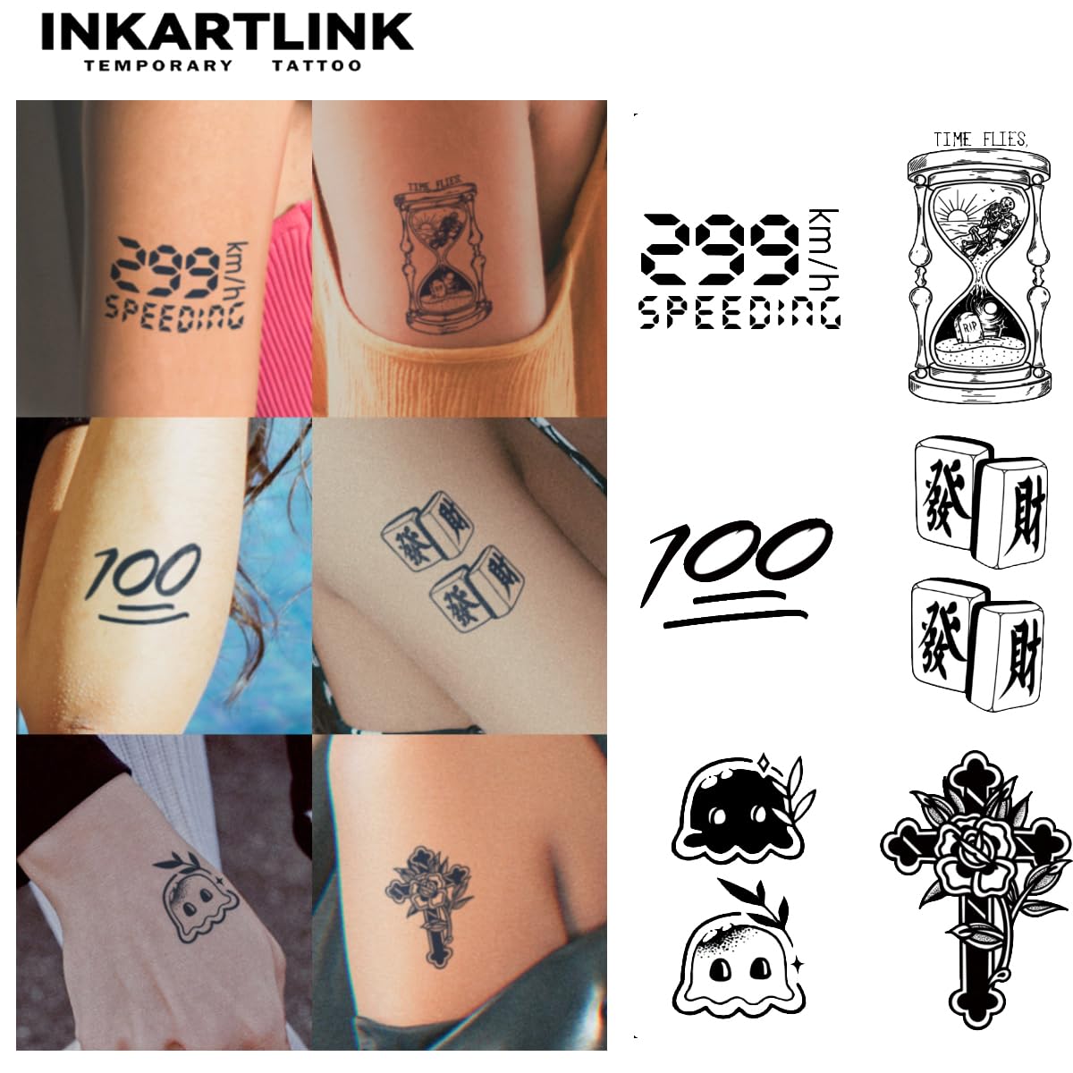 INKARTLINK Tattoo Tech,6 Sheets Small Semi Permanent Tattoo, Temporary Tattoos Adult, Last 1-2 Weeks, Waterproof, Realistic look, No Adhesive, No reflection (Numbers, Fortune, Cross）