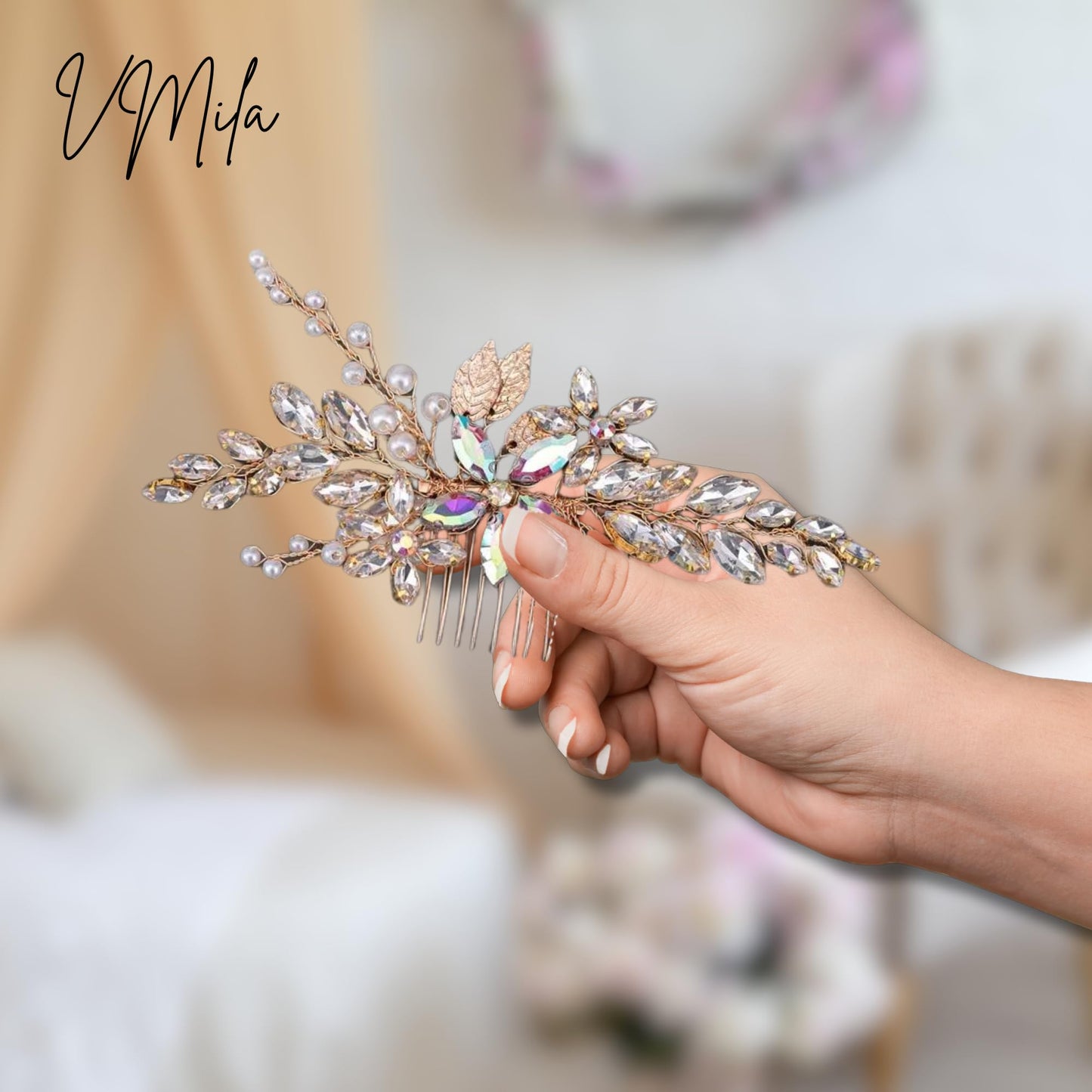 VMila Wedding Pearl Hair Comb Wedding Hair Comb Bridal Hair Accessories Pearl Flower Hair Accessories For Women Girls Wedding Hair Accessories (Gold Large Comb)