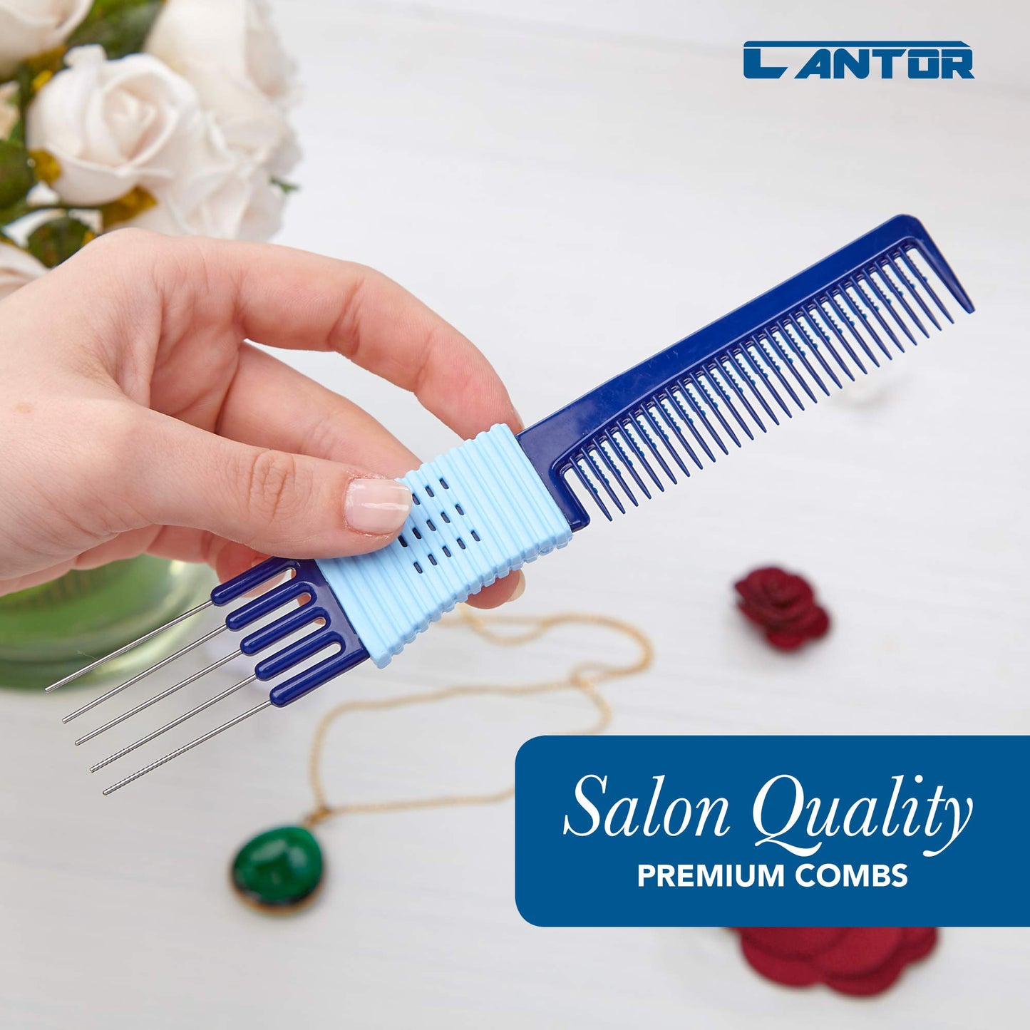 Lift Teasing Comb and Hair Pick – 2 Pack, Five Stainless Still Lifts - Chemical and Heat Resistant Detangler Gripper Comb – Anti Static Comb For All Hair Types – By Cantor