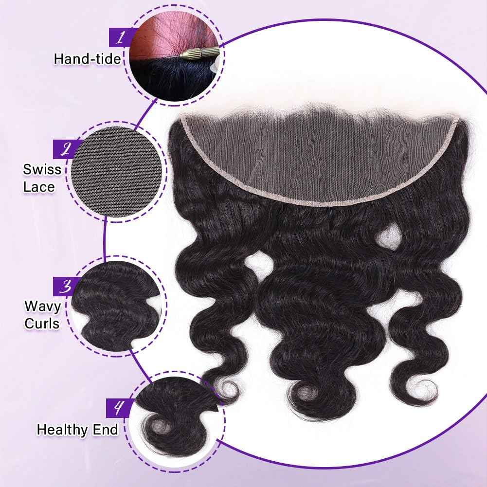 Olsmkis Body Wave HD Lace Frontal 13x4 14 Inch Ear to Ear Transparent Lace Front Closure 100% Unprocessed Brazilian Virgin Human Hair 13 x 4 Pre Plucked with Baby Hair 180% Density Natural Black