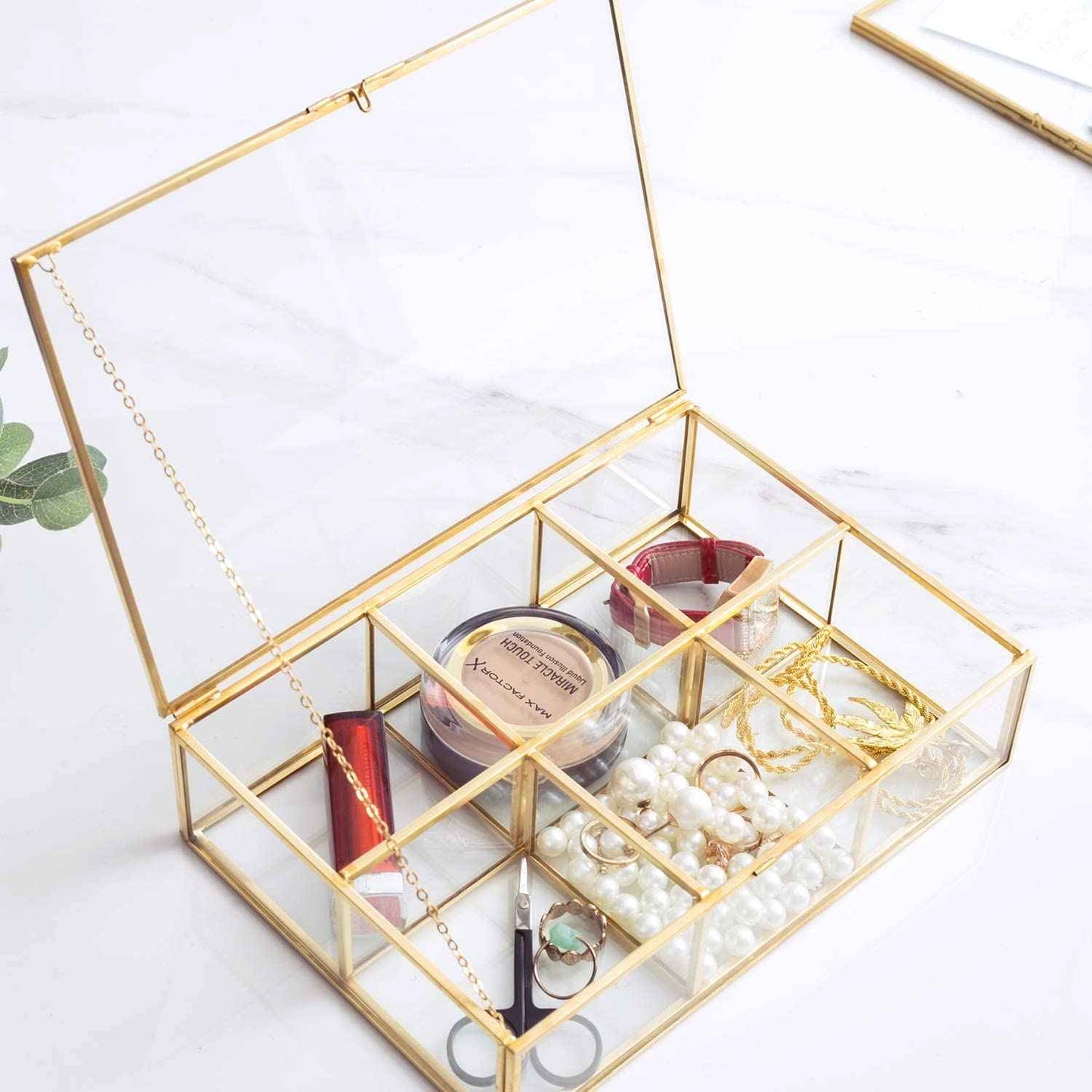 Levilan Golden Vintage Glass Box Clear Glass & Brass Metal Storage Jewelry and Cosmetic Makeup Lipstick Holder Organizer Beauty Display, 6 Compartment