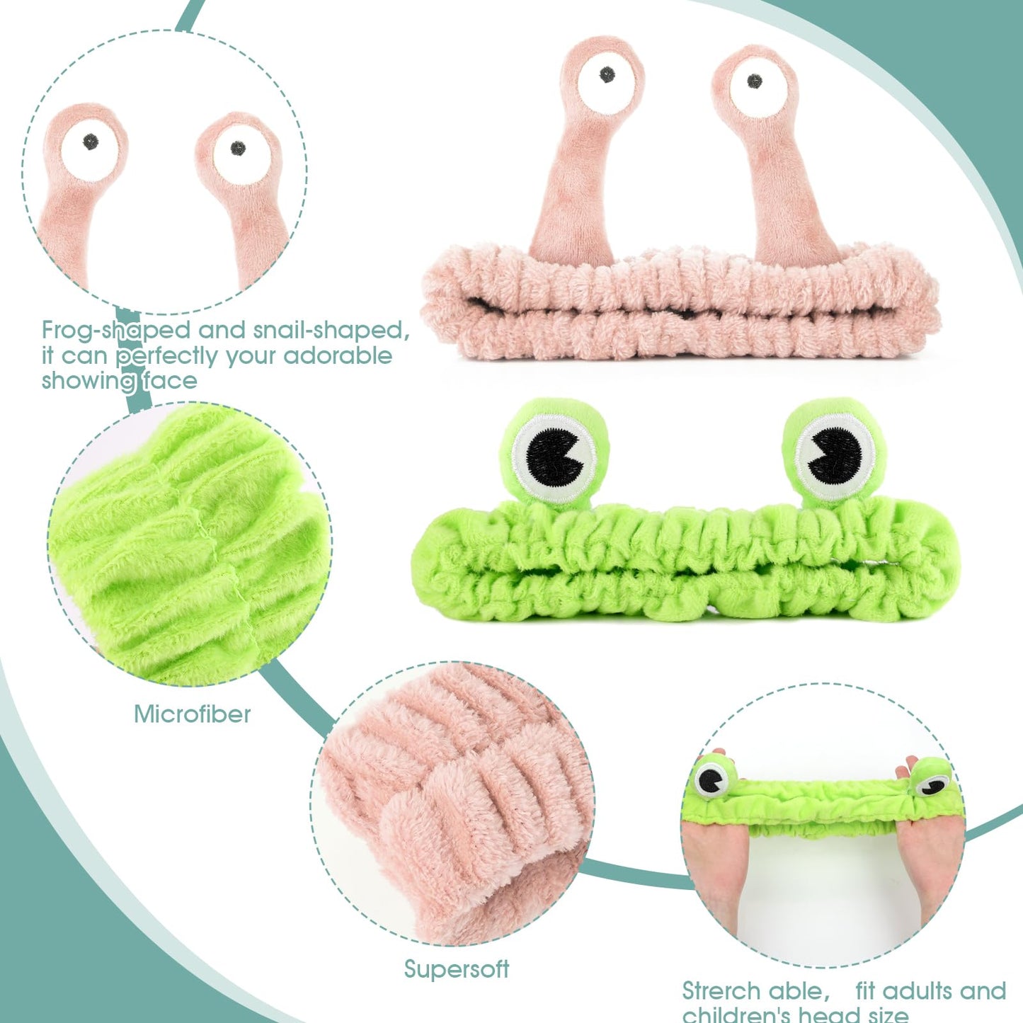 Sibba 2Pcs Face Wash Headband Frog and Snail Headband Spa Hair Bands Makeup Headbands Cartoon Cute Coral Fleece Elastic Headband Creative Hair Accessories for Shower Sports Beauty Skincare