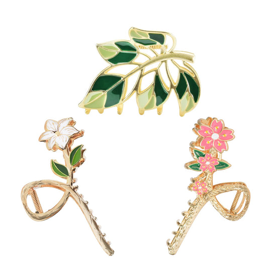 Yonchic 3-Piece Flower Metal Hair Clips, Muticolor Leaves Claw for Thin/Medium Thick Hair, Elegant Orchid Floral Barrettes Strong Hold Clamps Non-Slip Cute Lily Hair Claws Accessories